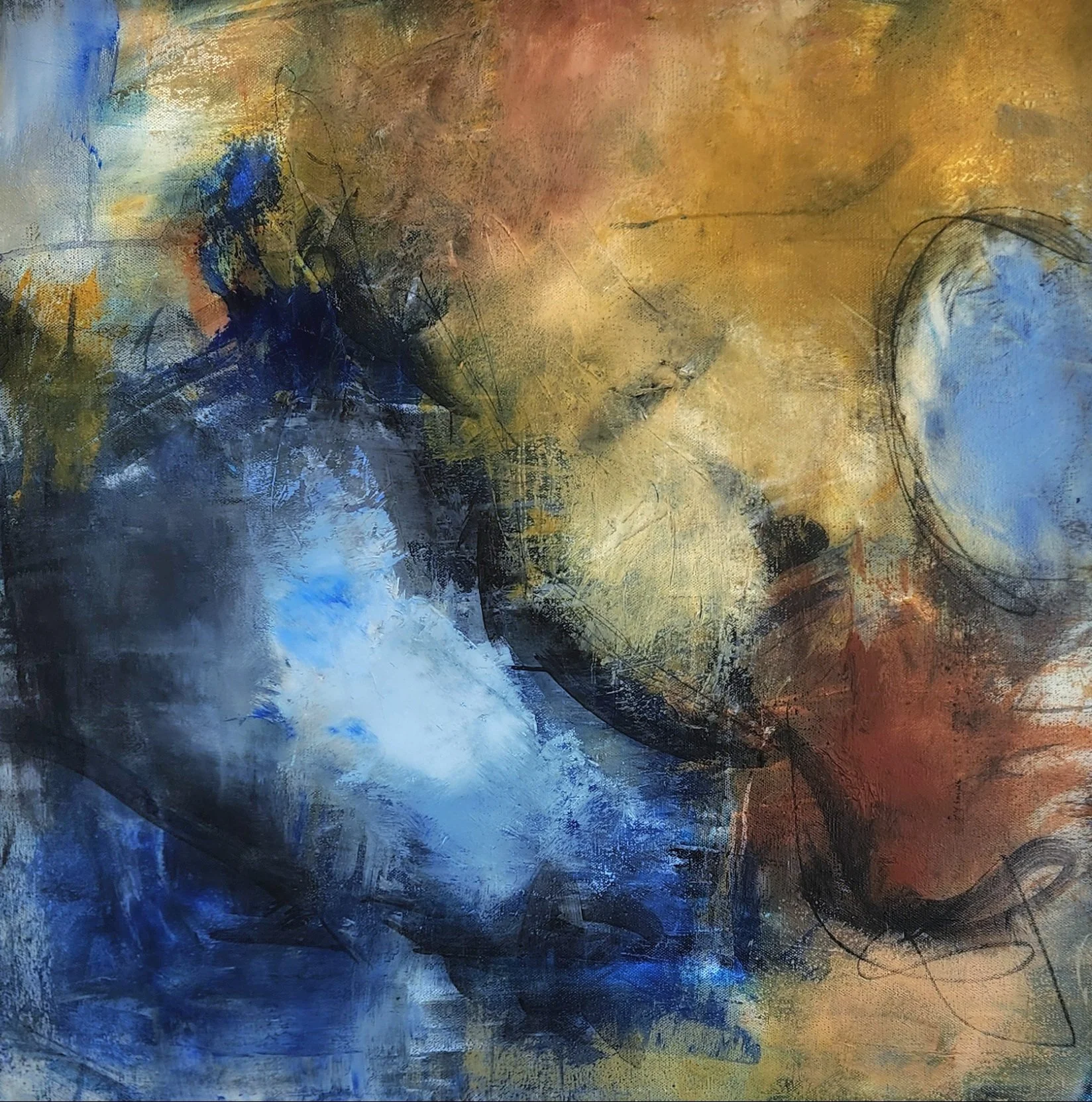 Abstract painting with shades of blue, black, gold, and hints of red and orange, with textured brushstrokes and swirling lines.