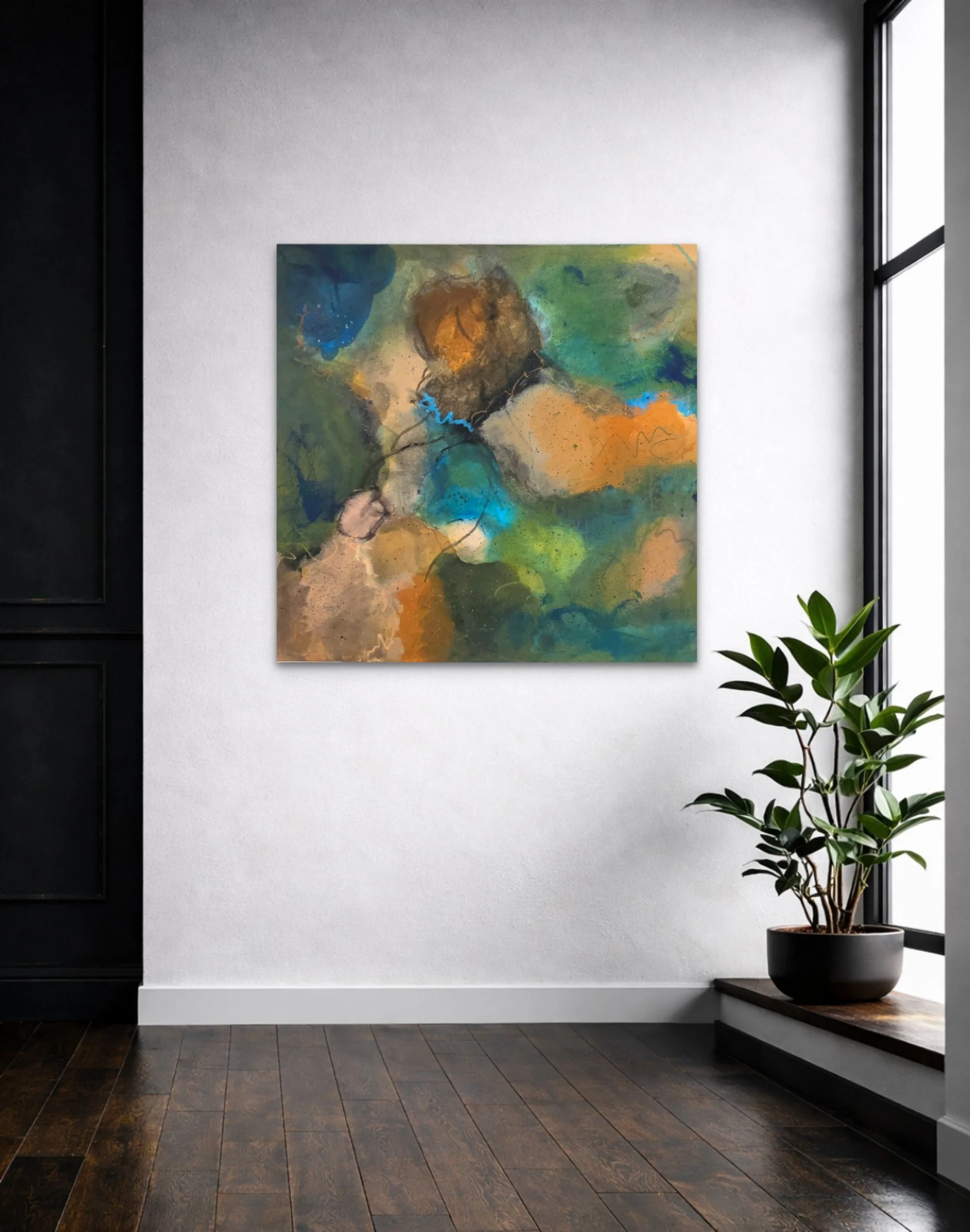 Abstract art painting with blue, green, and yellow colors hanging above a white sofa in a modern living room.