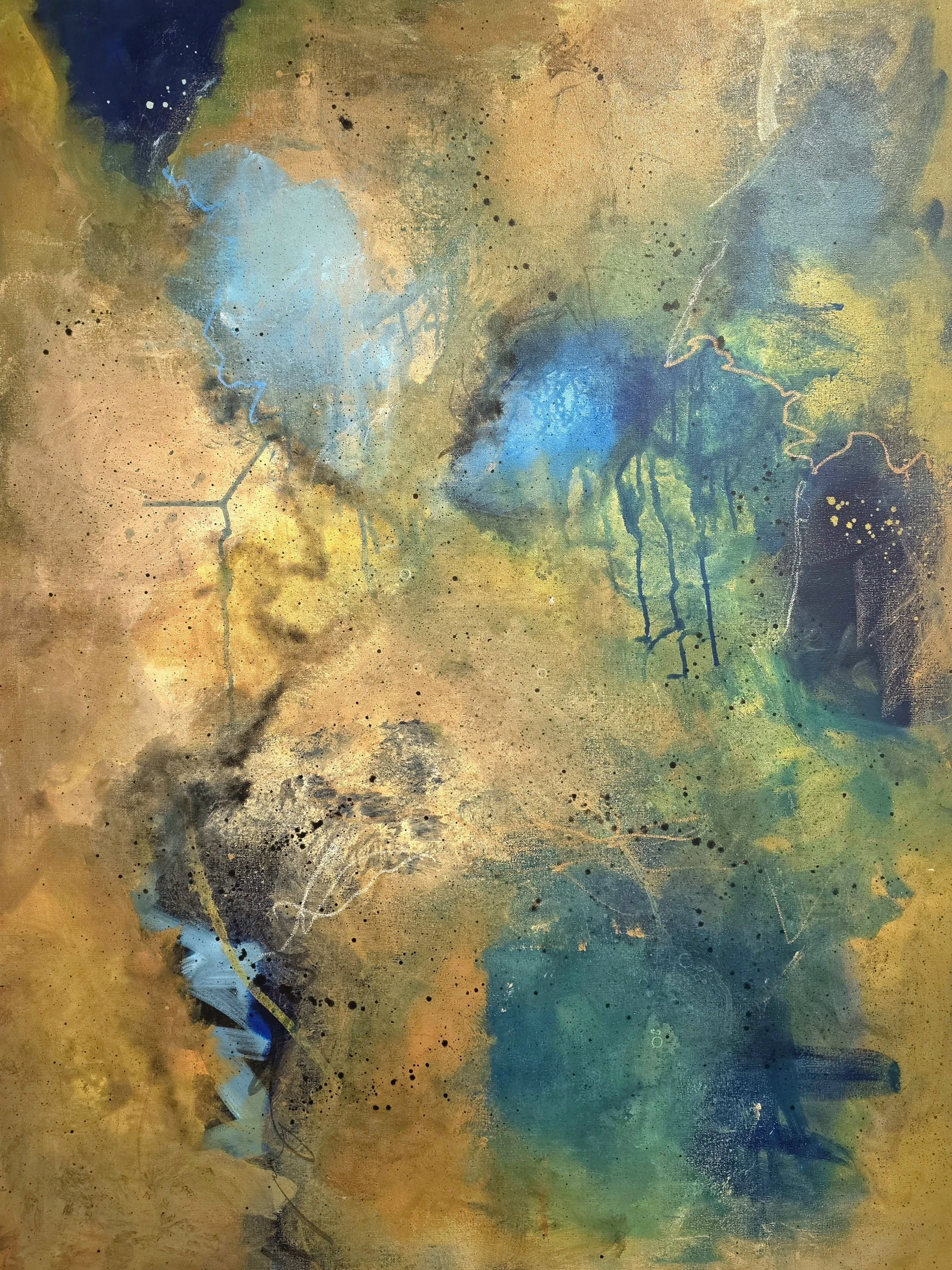 Abstract painting with splashes of blue, green, black, beige, and brown colors with drips and textured layers.