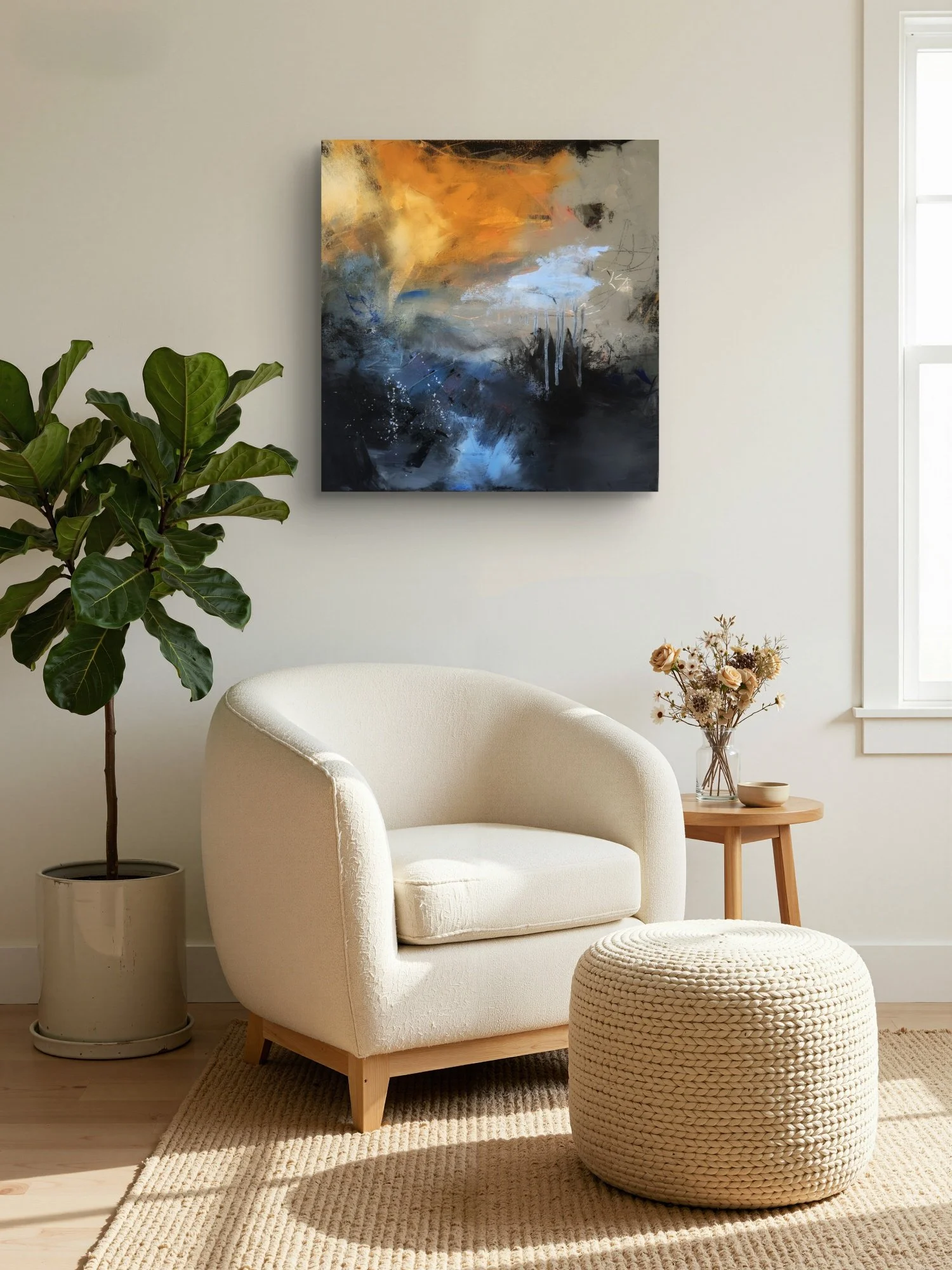 A cozy living room corner featuring a white armchair with wooden legs, a woven ottoman, a potted plant, a side table with dried flowers, a colorful abstract painting, and a window allowing natural light.
