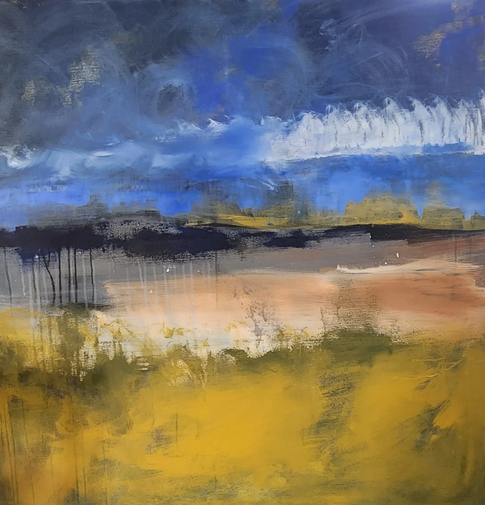 Abstract landscape painting with dark stormy sky, middle blue hues, and yellow-green land.