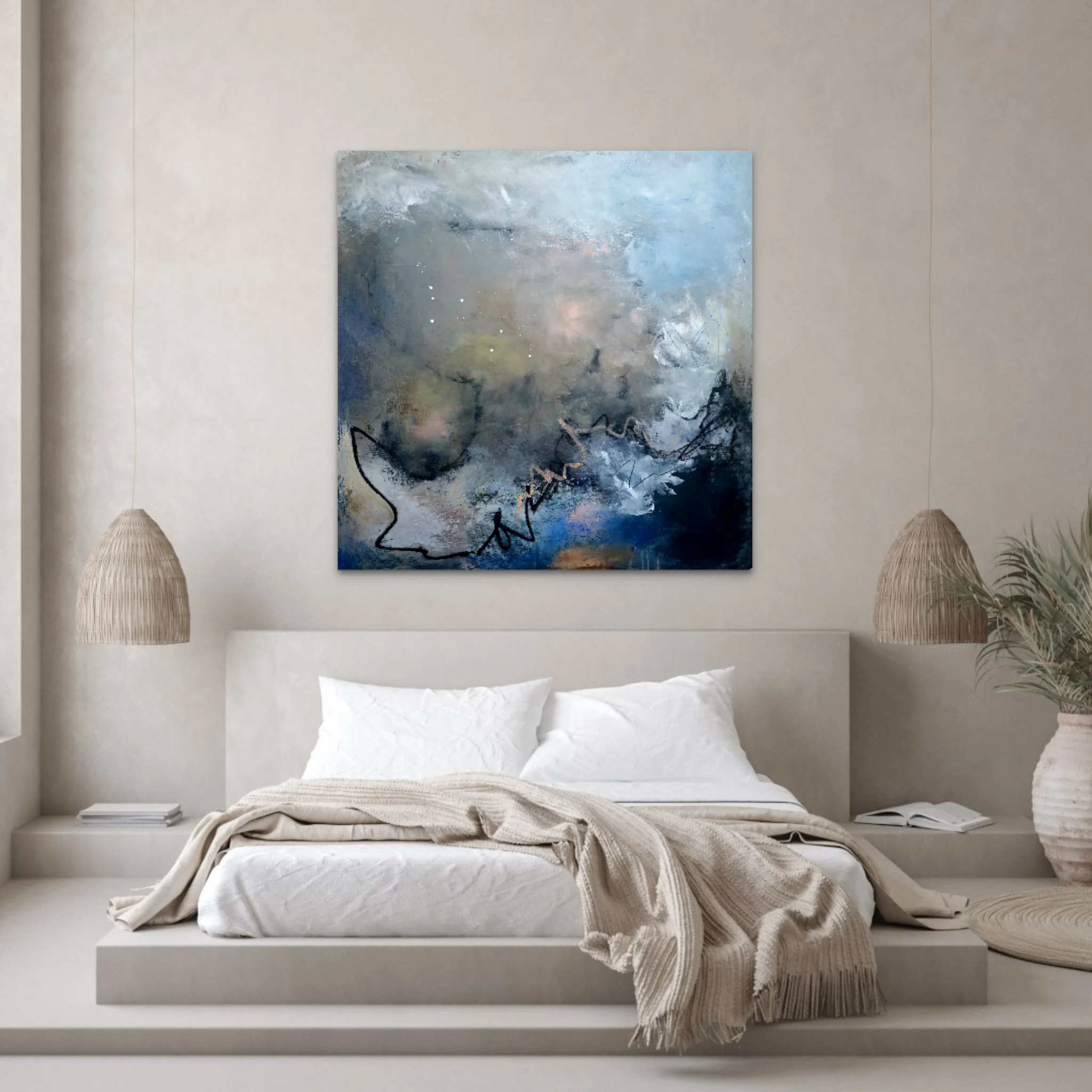 Abstract colorful painting hanging above a mid-century modern wooden sideboard with decorative vases, one in brown and one in black, on top against a plain white wall.