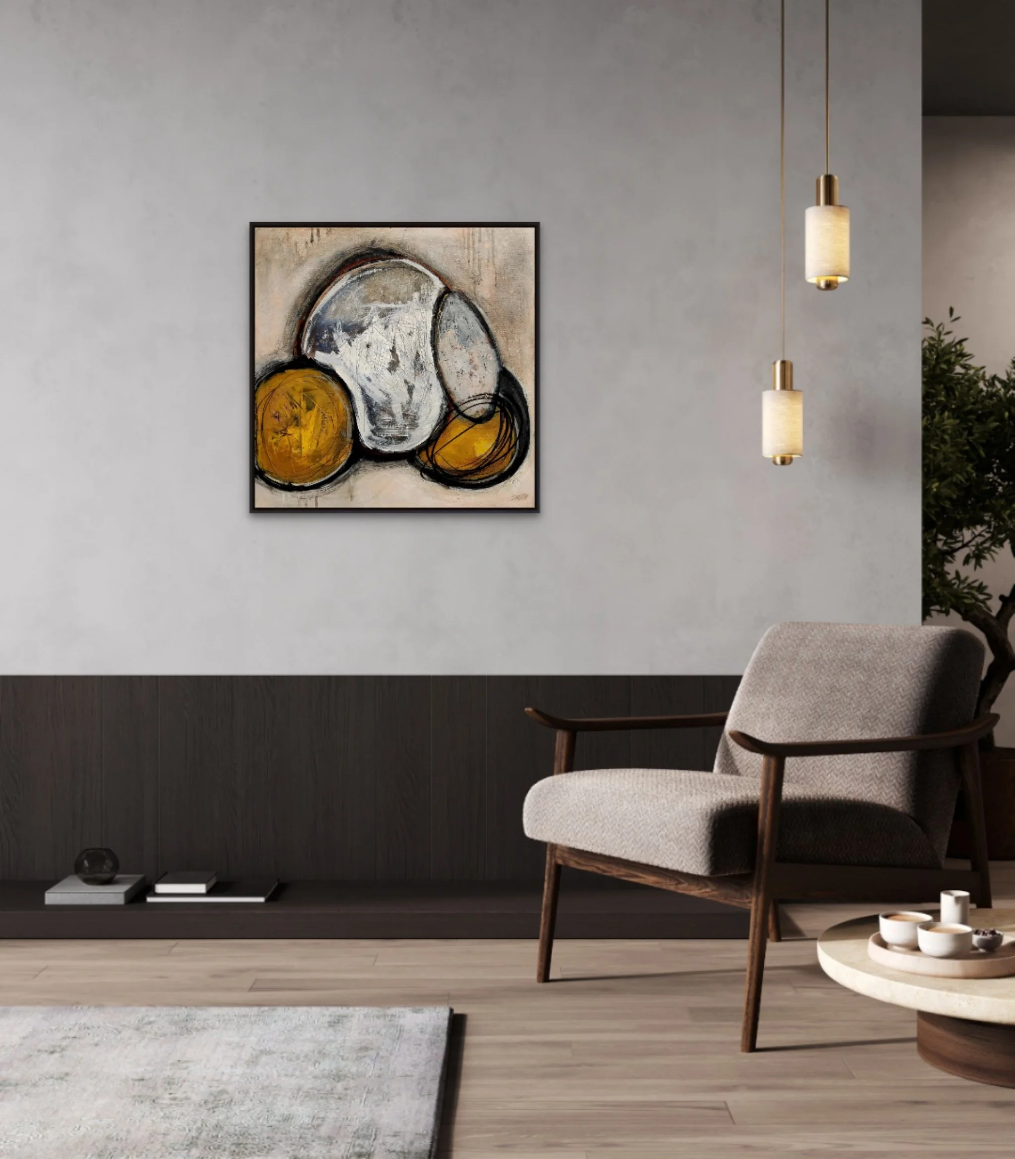Modern living room with abstract art on the wall, hanging pendant lights, a textured armchair, a round side table with cups, and a potted plant.