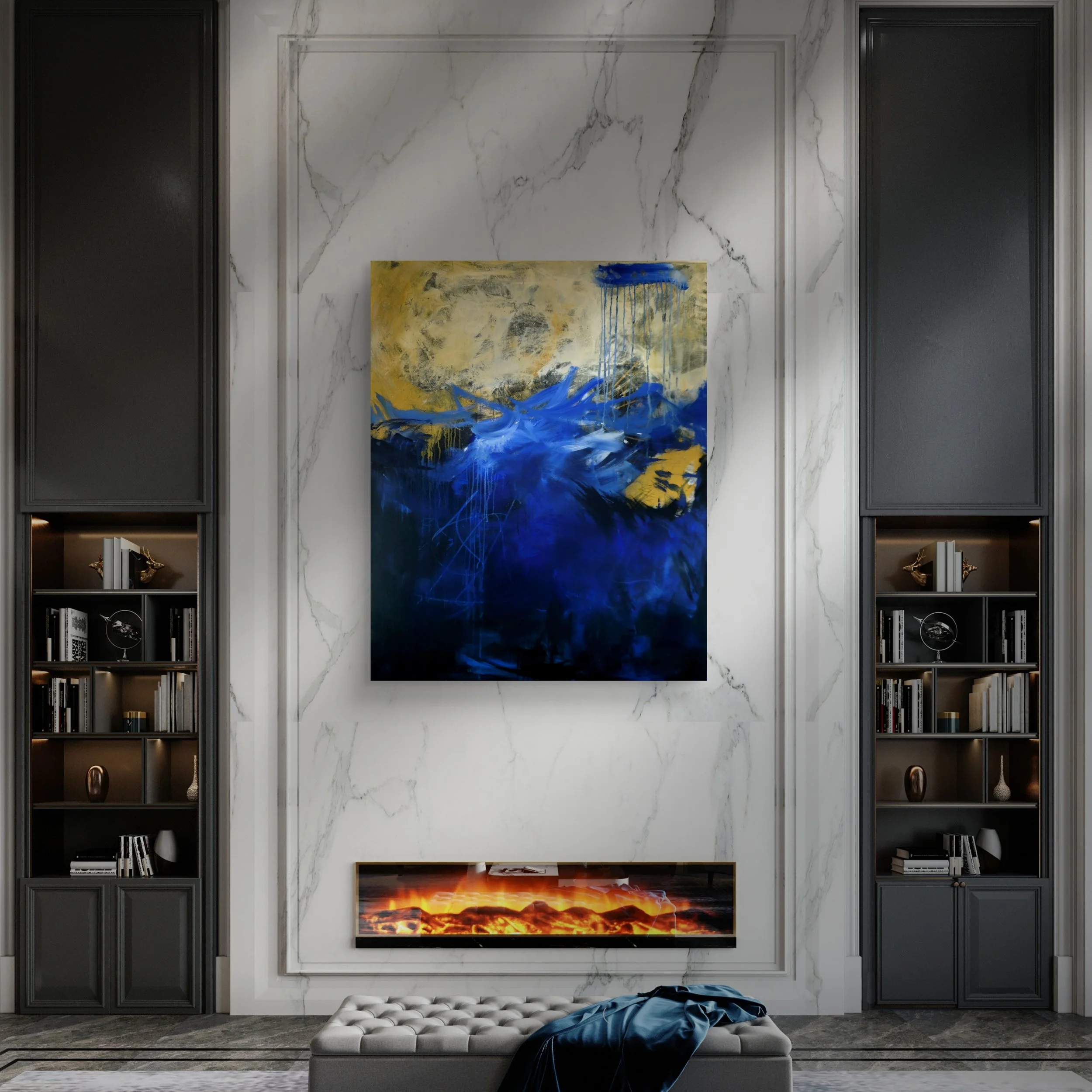 Contemporary living room with marble wall, built-in bookshelves, electric fireplace, and abstract artwork in the center.