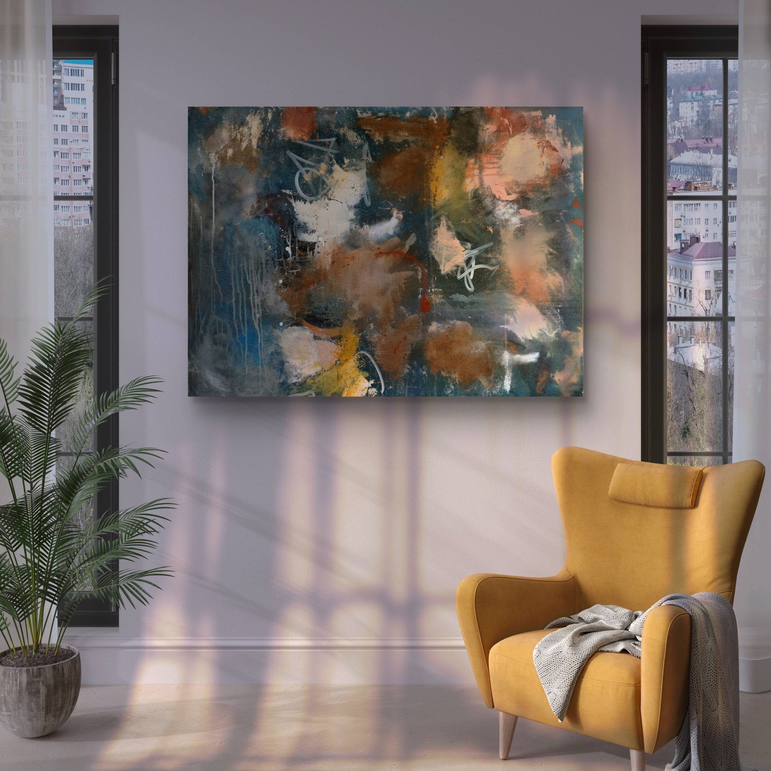 Interior room with large abstract painting on white wall, yellow armchair draped with gray blanket, tall green plant in gray pot, windows overlooking city buildings, and neutral-colored flooring.