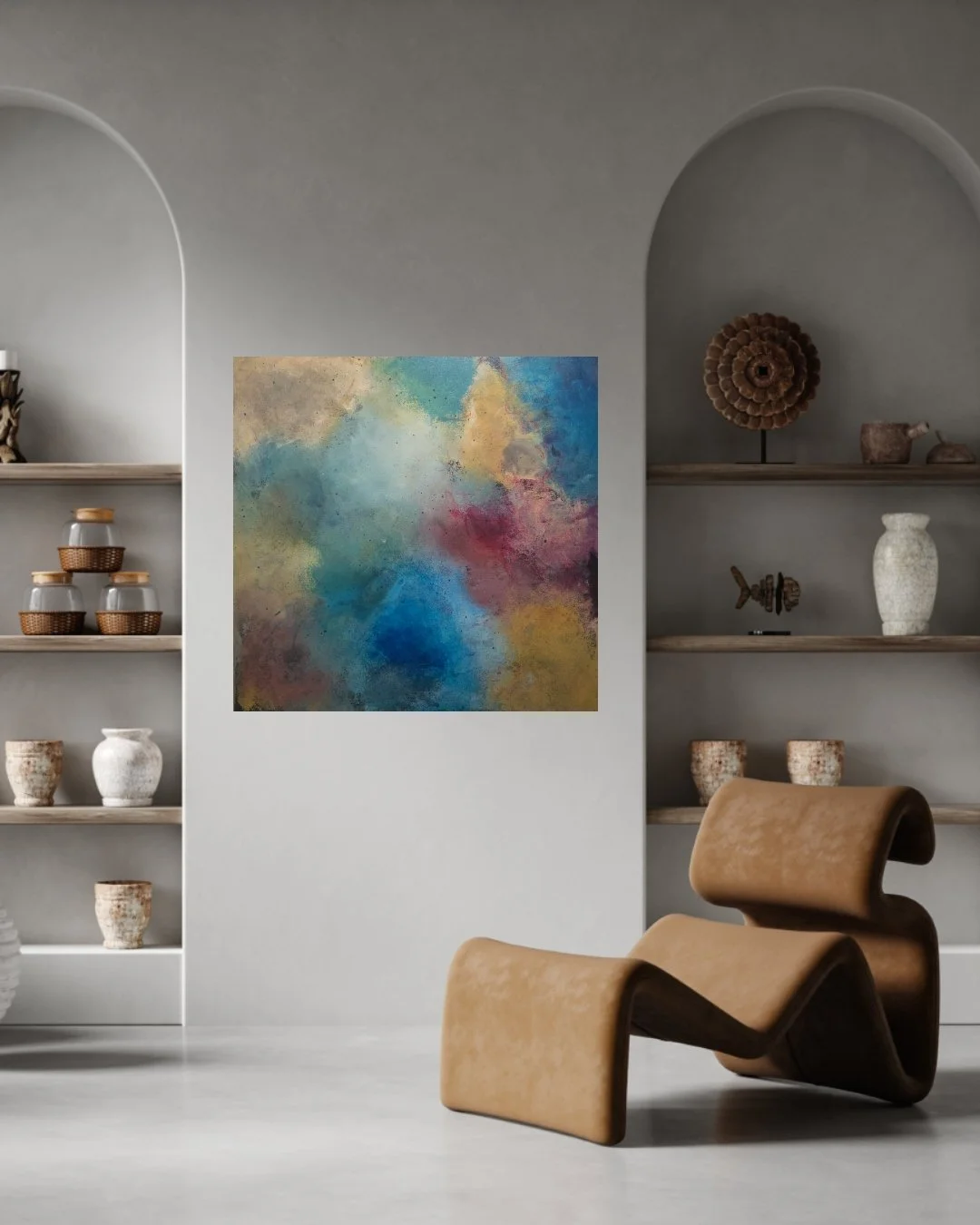 Modern interior with arched niches, ceramic and wood decor, an abstract painting, and a sculptural chair.