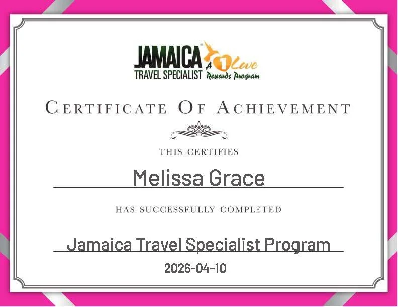 Certificate of Achievement awarded to Melissa Grace for completing the Jamaica Travel Specialist Program, dated April 10, 2026, with Jamaica Travel Specialist Program logo and pink border.