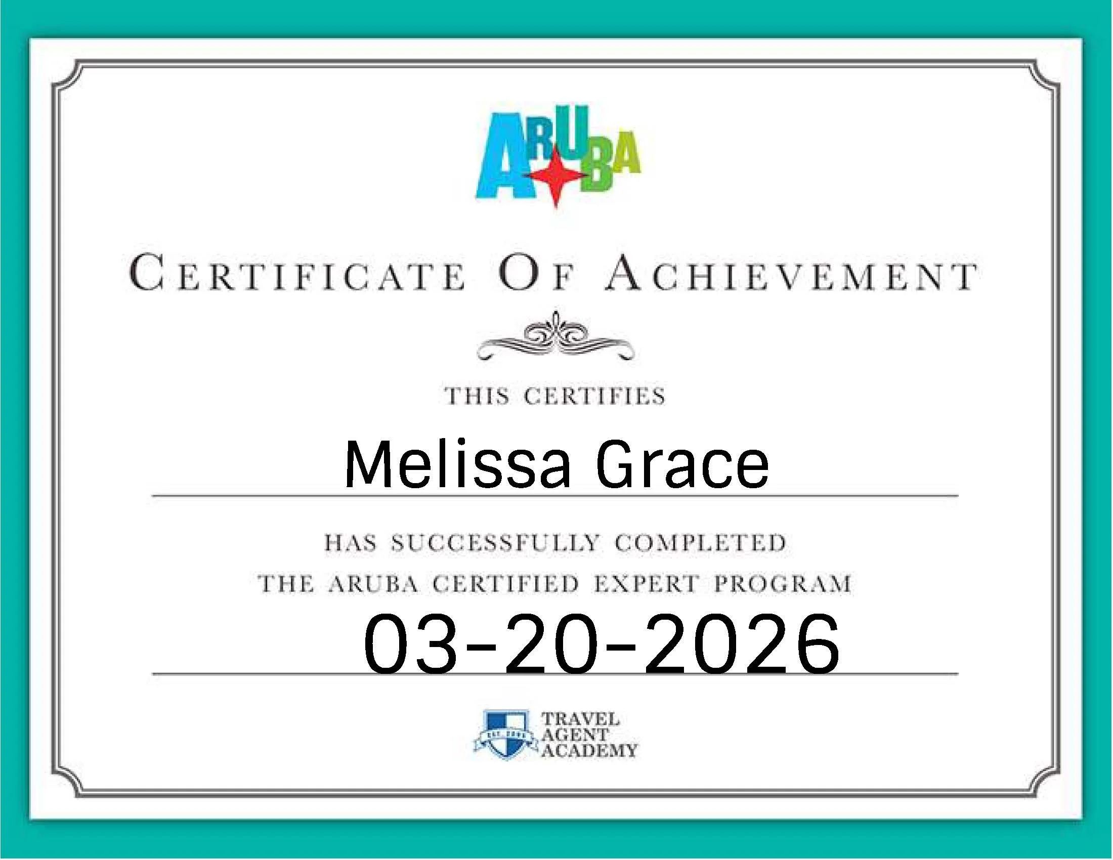 Certificate of achievement awarded to Melissa Grace from the Travel Agent Academy on March 20, 2026.