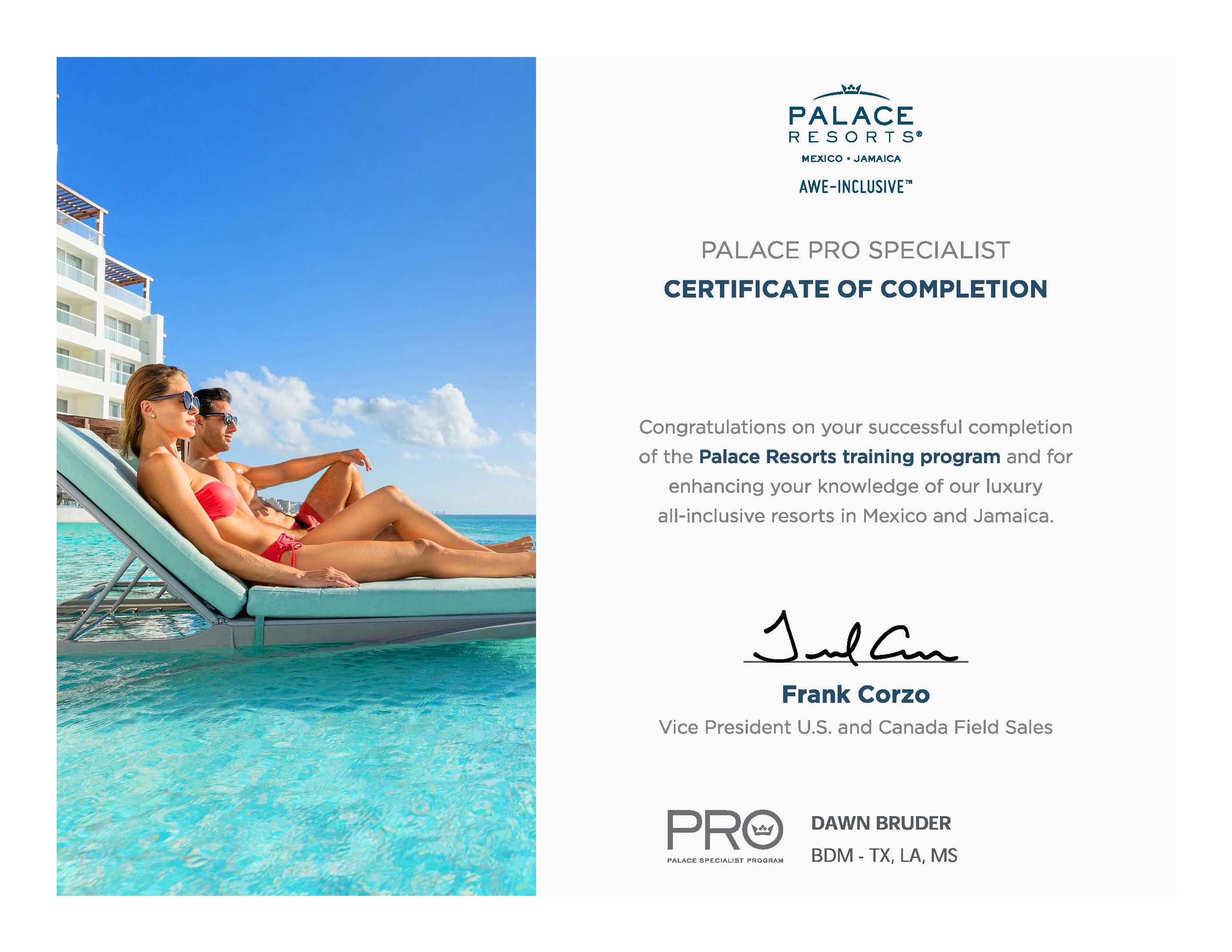 Certificate of completion from Palace Resorts featuring a photo of a woman and man sunbathing on lounge chairs by a pool with a building and blue sky in the background.