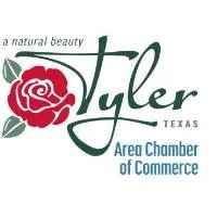 Logo for Tyler, Texas, with a rose graphic and text indicating it's part of the Area Chamber of Commerce, emphasizing natural beauty.