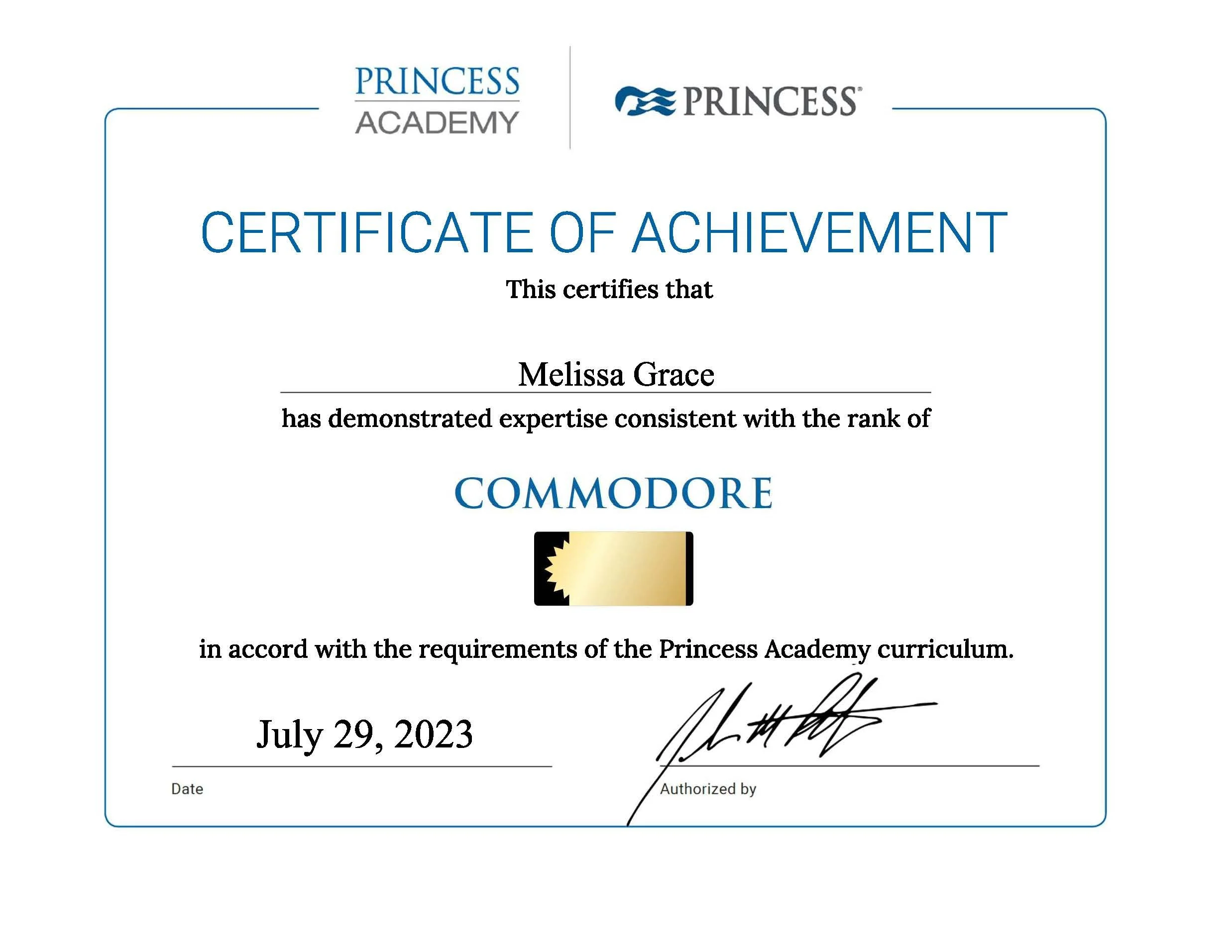 A certificate of achievement awarded to Melissa Grace by Princess Academy, dated July 29, 2023, with signatures at the bottom.