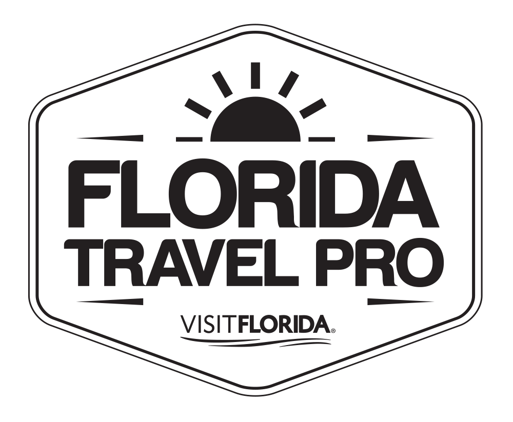 Logo for Florida Travel Pro with a sun rising over the horizon and the words 'Visit Florida'.