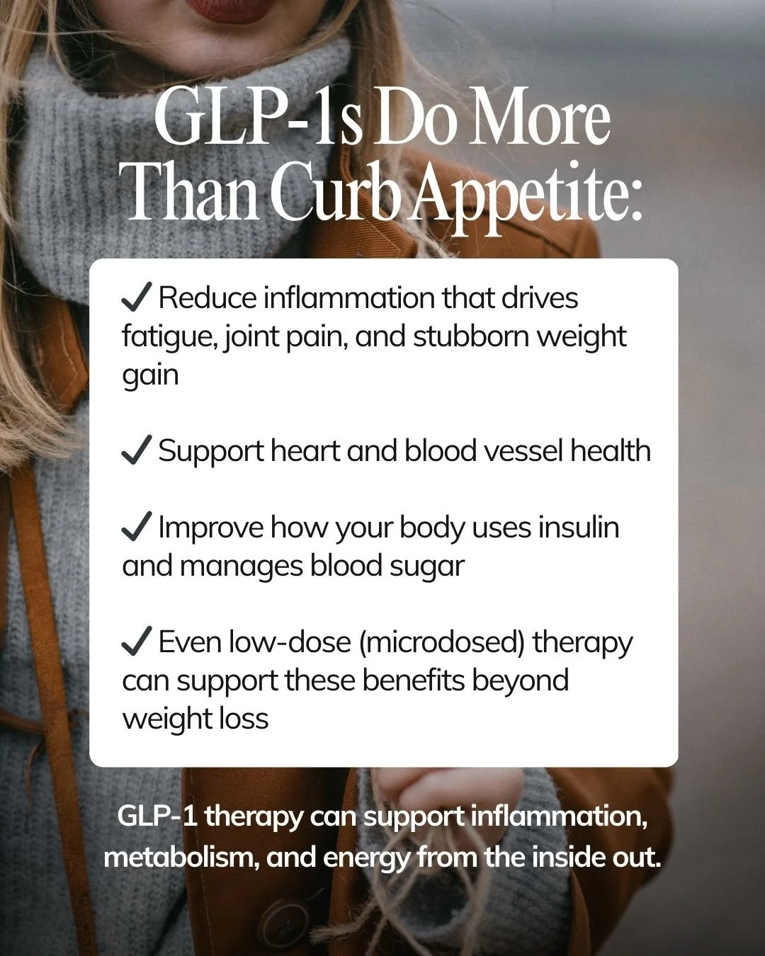 GLP-1 therapy isn&rsquo;t just about appetite. It&rsquo;s about healing what&rsquo;s underneath.

When inflammation runs high, it can show up as:
fatigue, stubborn weight gain, brain fog, joint pain

GLP-1s calm that internal fire.

Even microdosed t