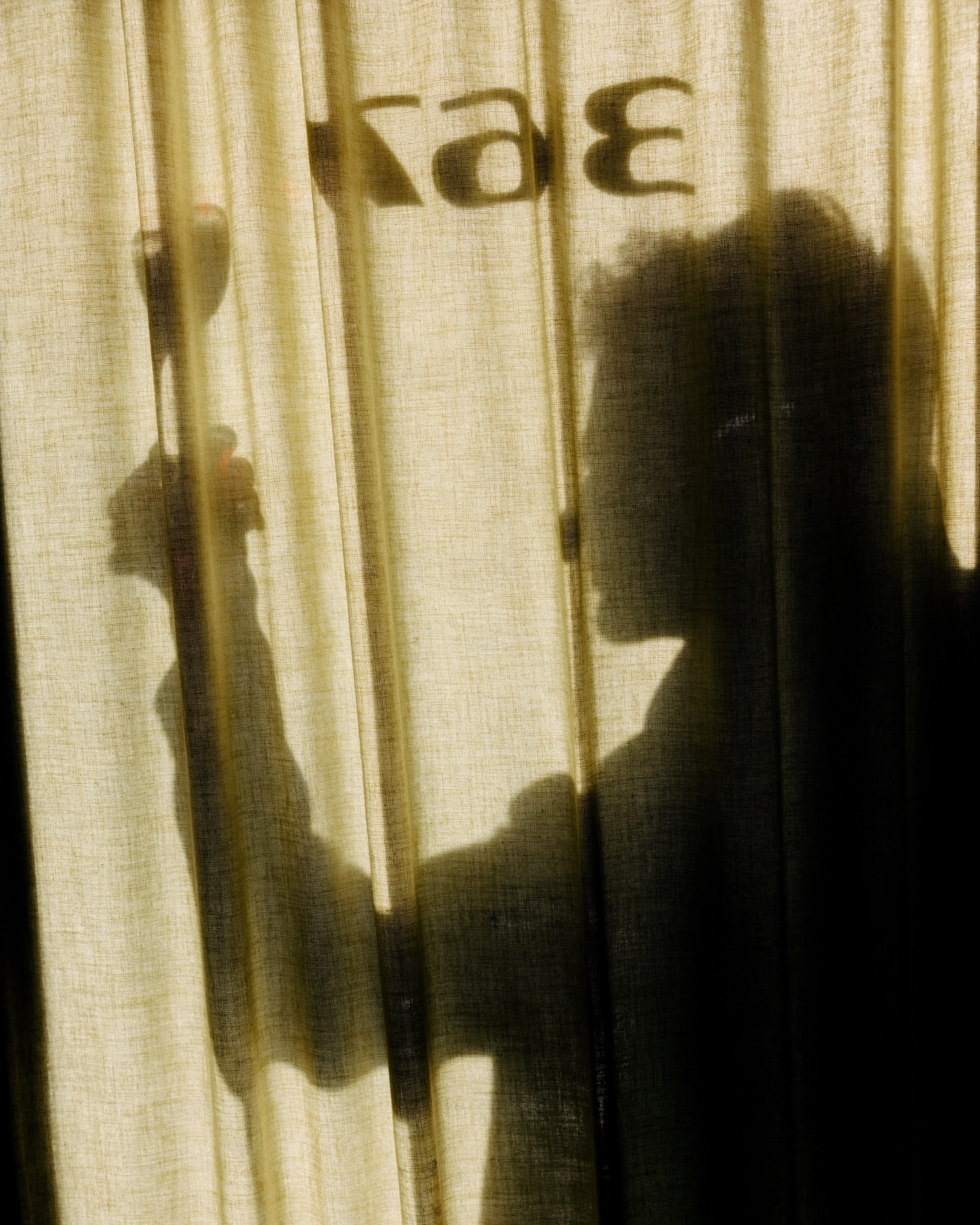 Shadow of a person taking a photo, seen through a translucent curtain with a sign that reads 'EAT' in the background.