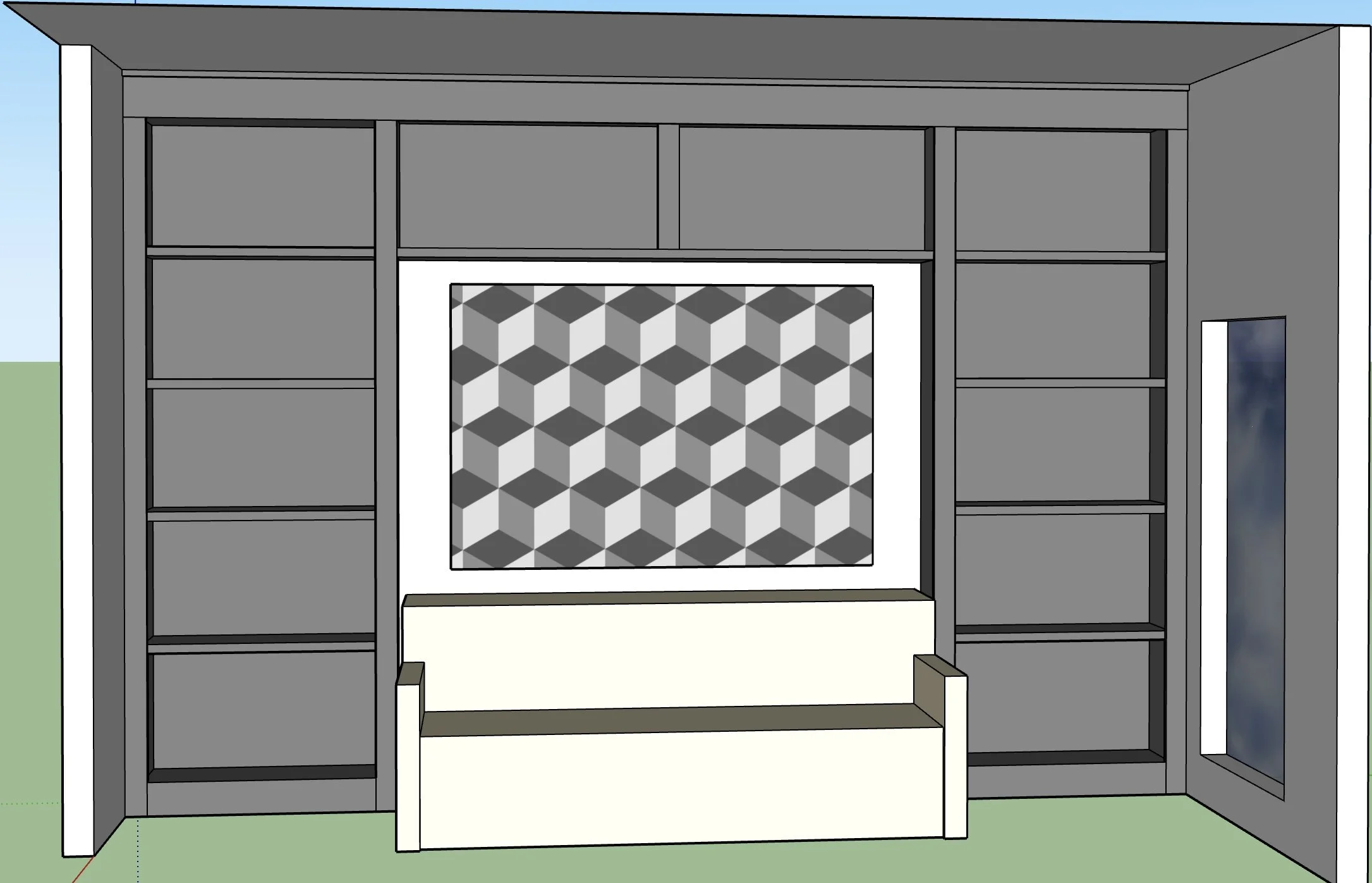 A computer-generated interior view of a gray-walled room with an entertainment center featuring open shelves, a central framed geometric patterned artwork, a white bench in front, and a tall narrow window on the right side.