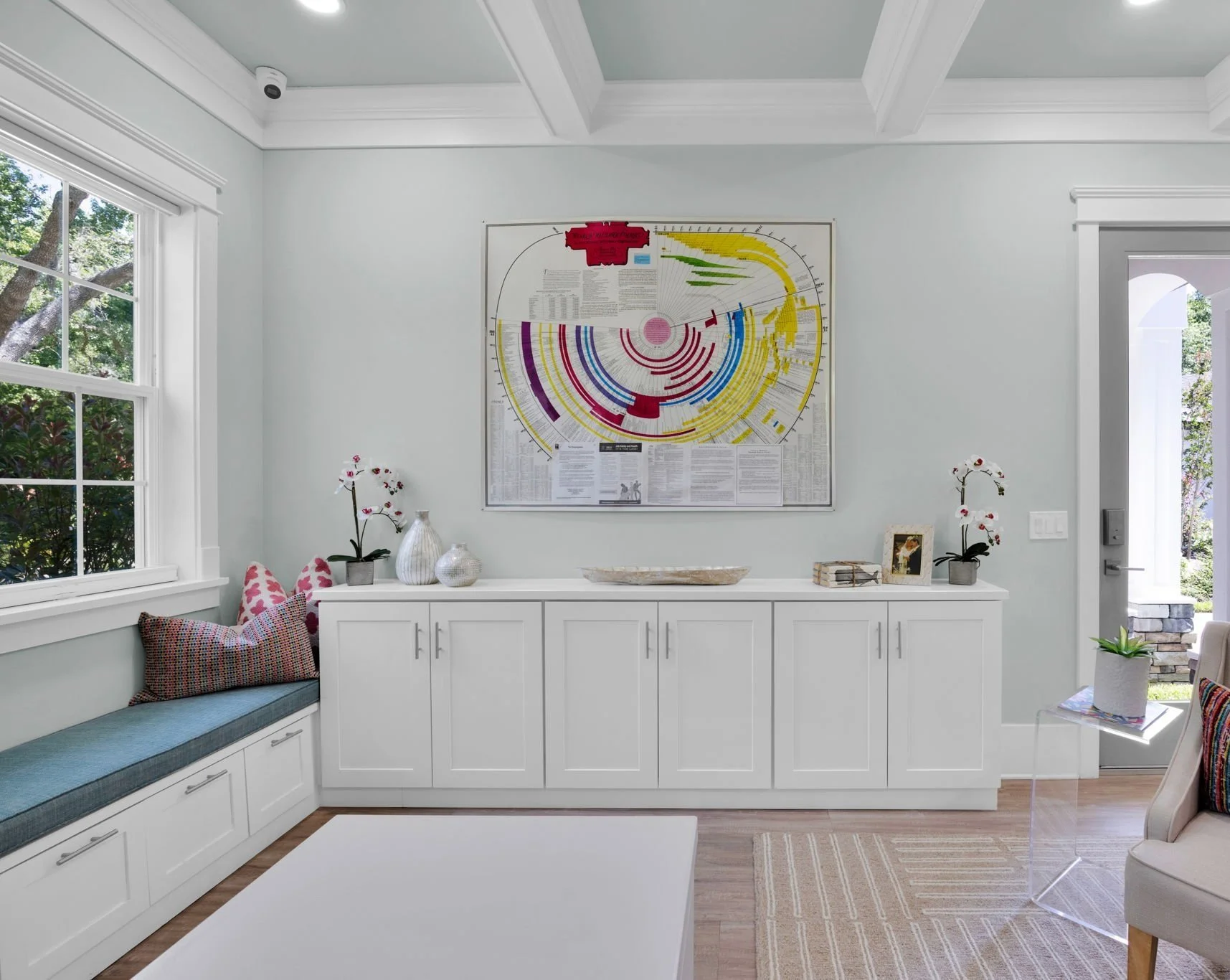 Living room with white built-in cabinets, a colorful circular diagram poster on the wall, window with view of greenery, decorated with potted orchids, a small side table with a book and photo, and a gray door leading outside.