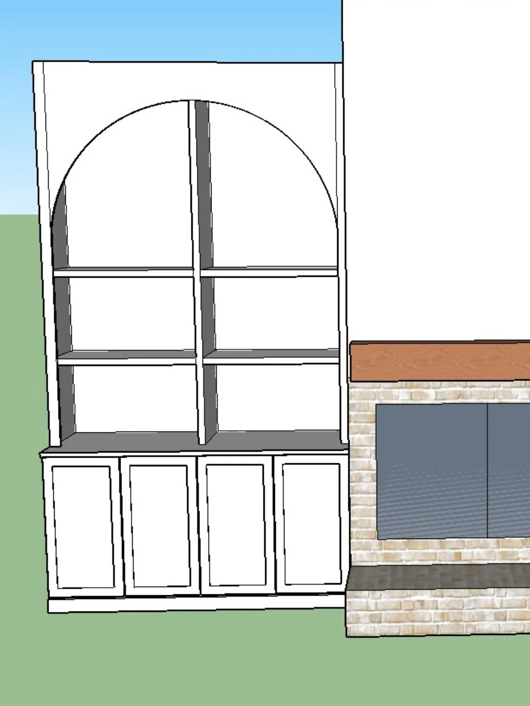 Rendering of a built-in white bookshelf with cabinets at the bottom, adjacent to a fireplace with brick surround and a wooden mantel