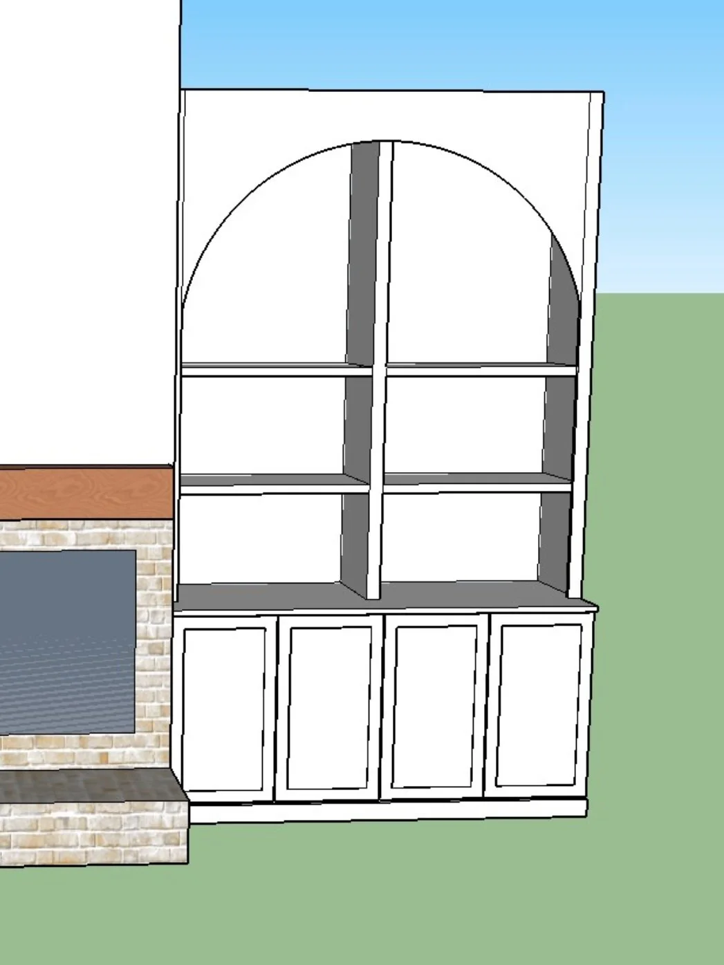 Sketch of a white kitchen cabinet with four bottom doors and open upper shelves, located next to a fireplace with brick and stone details, on a green floor under a blue sky.