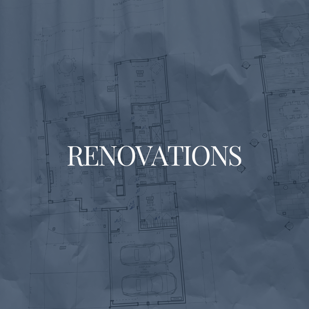 Blueprint of a house with the word 'Renovations' overlaid.