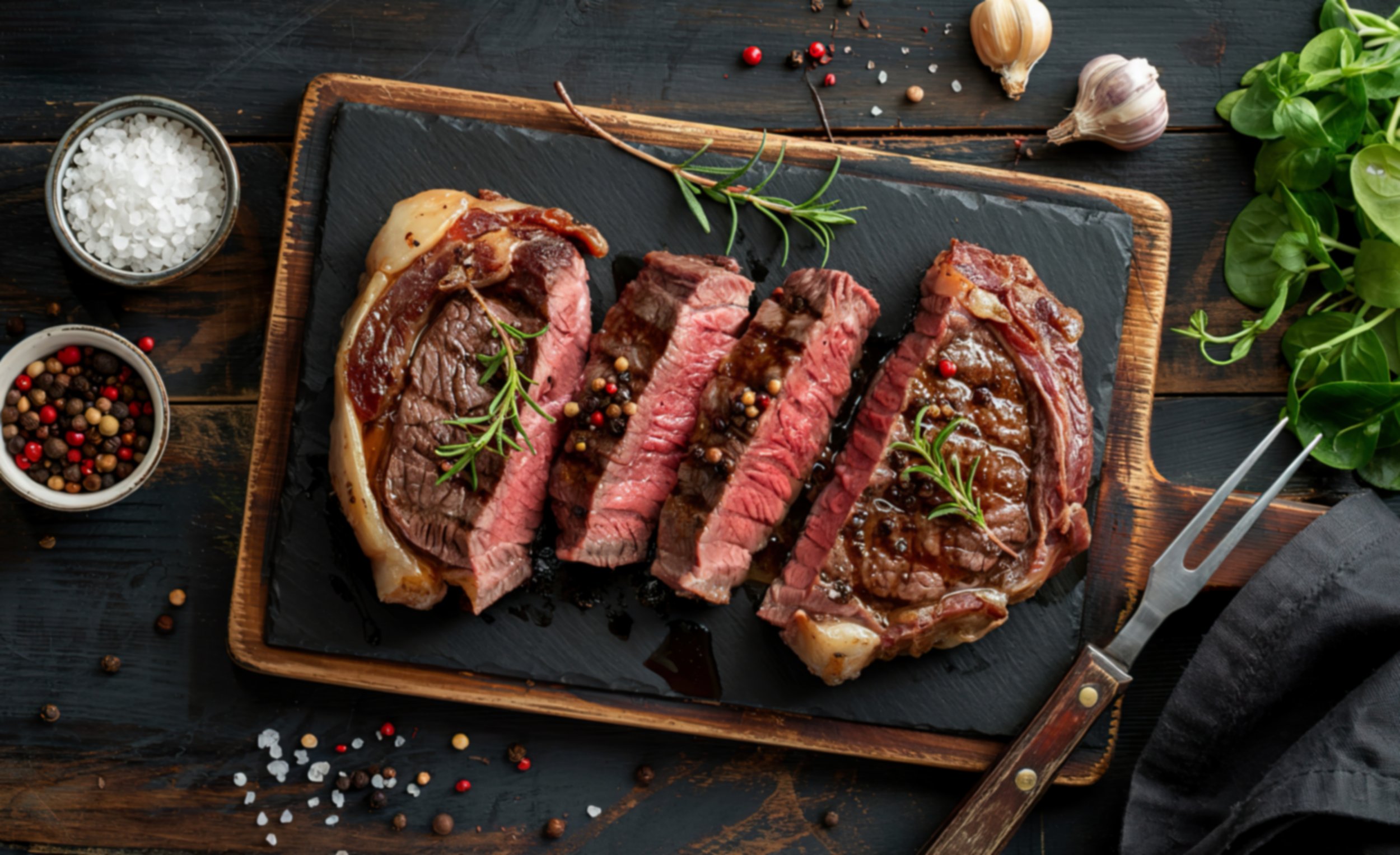 Slices of cooked steak garnished with herbs on a slate serving board, with salt, pepper, garlic, and herbs around on a dark wooden table.