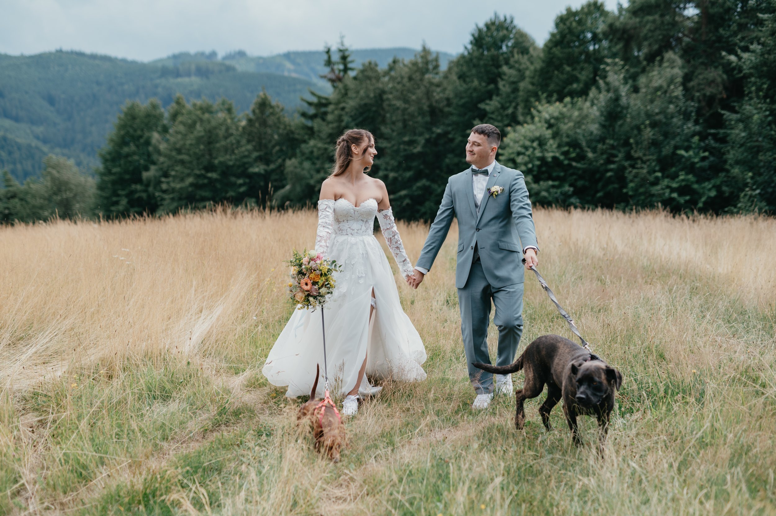 A bride and groom walking hand-in-hand through a grassy field with their two dogs, surrounded by trees and mountains.