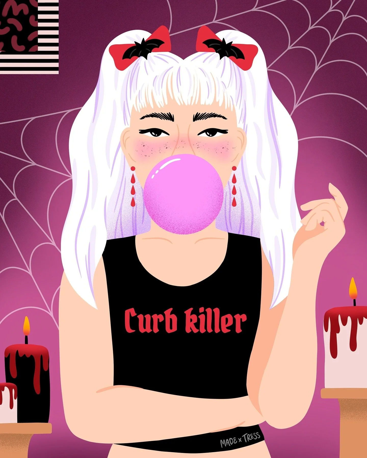 So mayyybe I identify with her shirt, but who hasn&rsquo;t had the occasional &ldquo;oopsie&rdquo;? 😅
.
Bats &amp; Bows #scaryandsweet2024
Hosted by @roymeister @jessmillerdraws @heatherslettering @heyalissandra @jenprocreates
.
Bubblegum, red, rosy