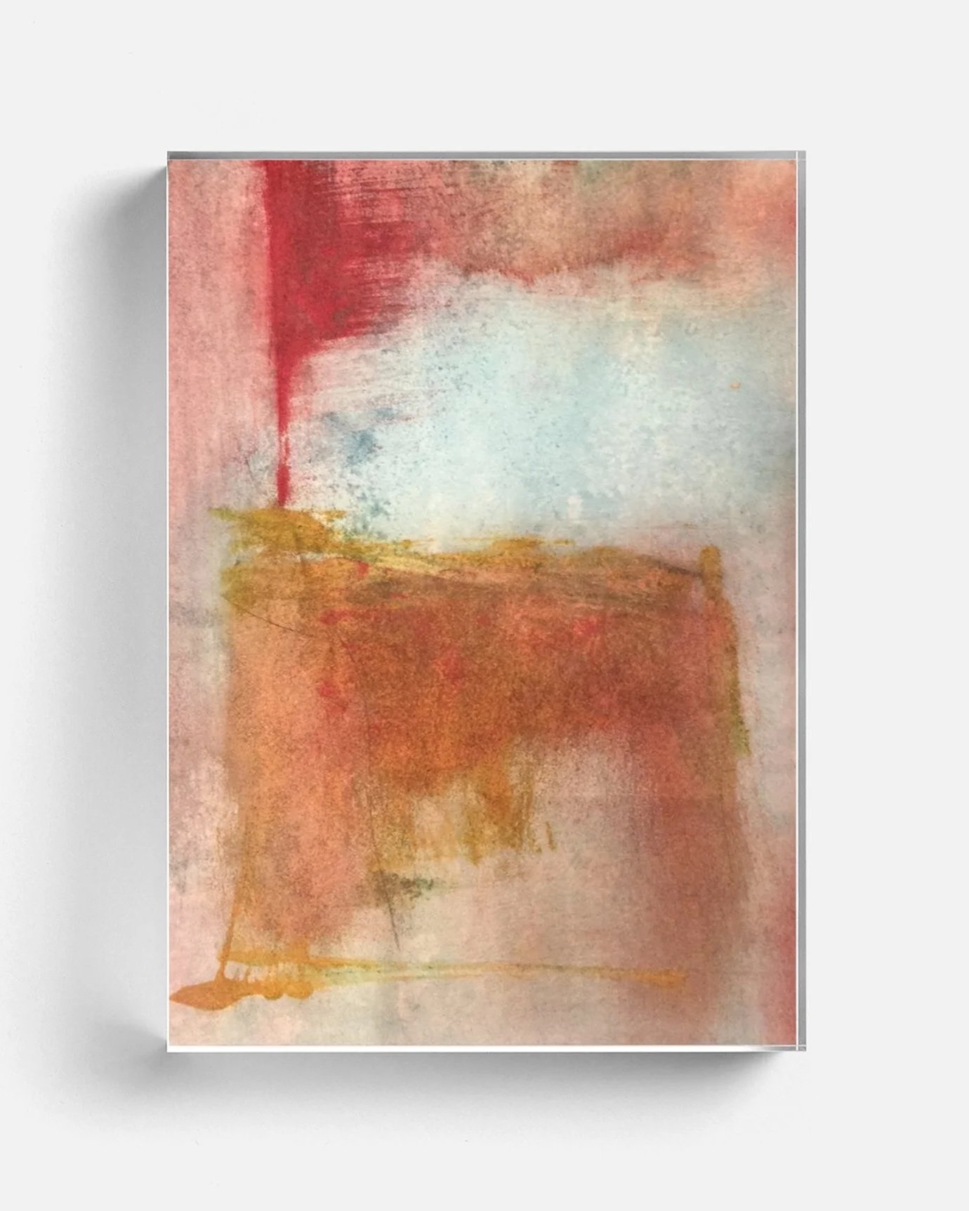 “Remembered Grace" — Abstract Acrylic Block Art by Mary Draper Design in warm red, orange, yellow and blue tones from the Abstract Art Collection