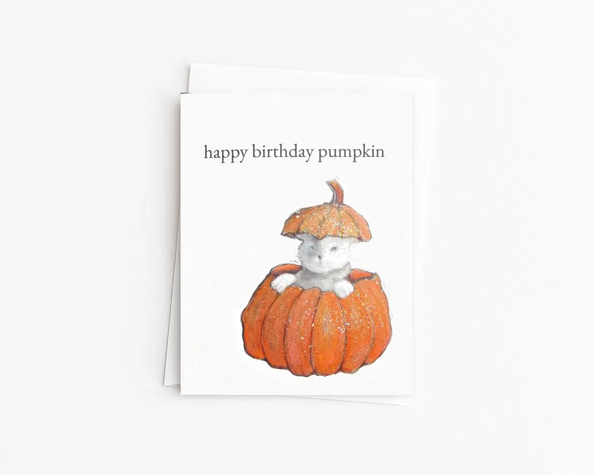 Happy Birthday Pumpkin Card with kitten and sparkle detail