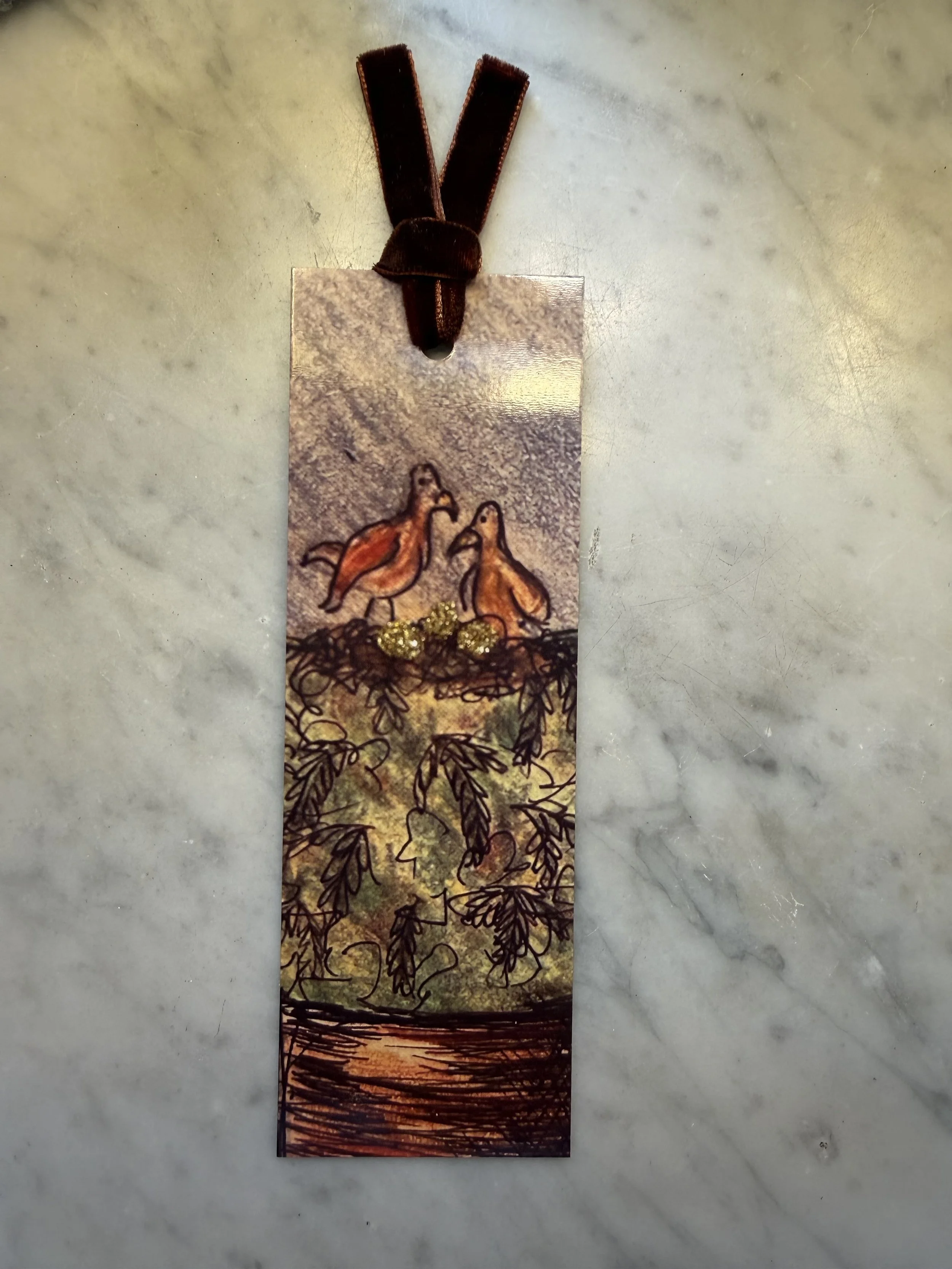 Love Birds Bookmark with Velvet Tie