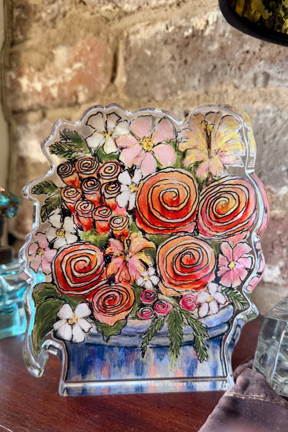 "Happy Flowers" — Whimsical Acrylic Cutout Art by Mary Draper Design featuring pink and orange roses — a charming keepsake gift from a Tennessee farm
