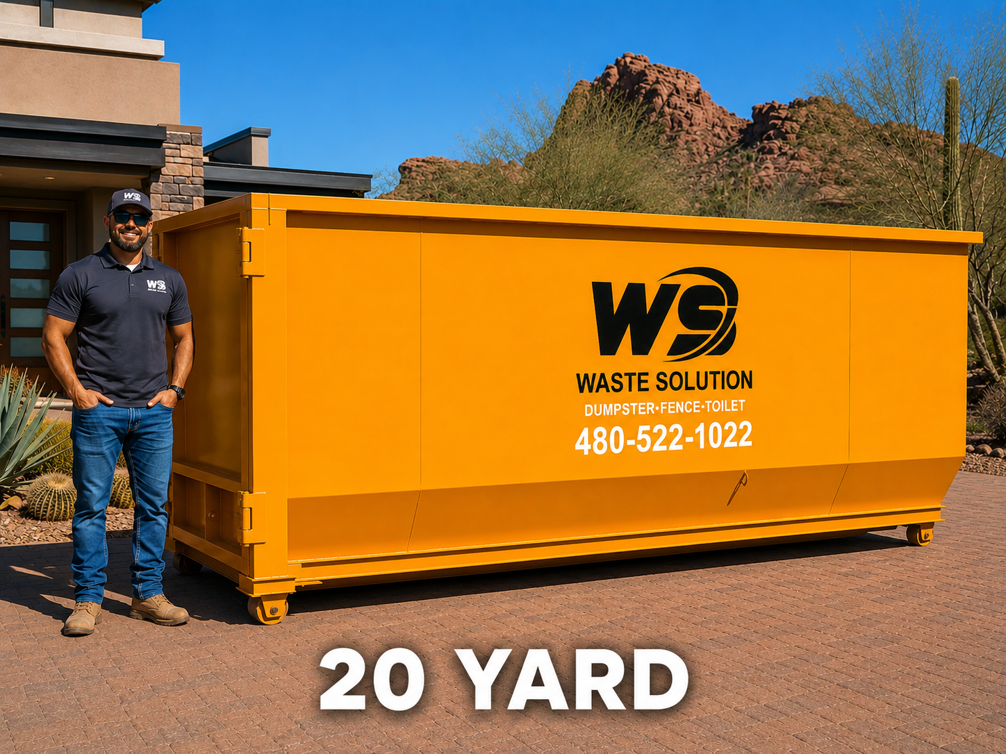 A man standing next to a large yellow waste disposal container with the logo and contact information for Waste Solution. The background features desert plants and mountains under a clear blue sky. The image has a caption at the bottom that reads '20 Yard'.