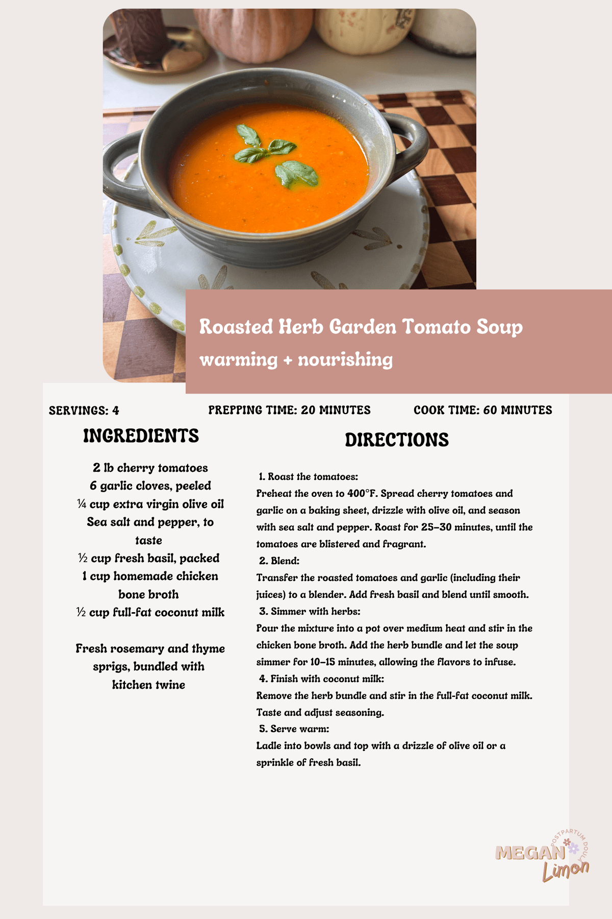 tomato soup on counter on checkered cutting board pumpkins on kitchen countertop with basil on soup in blue bowl recipe card