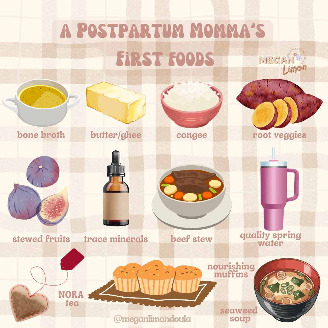 trace minerals postpartum mommas first foods stewed fruits Nora tea seaweed soup quality spring water root veggies