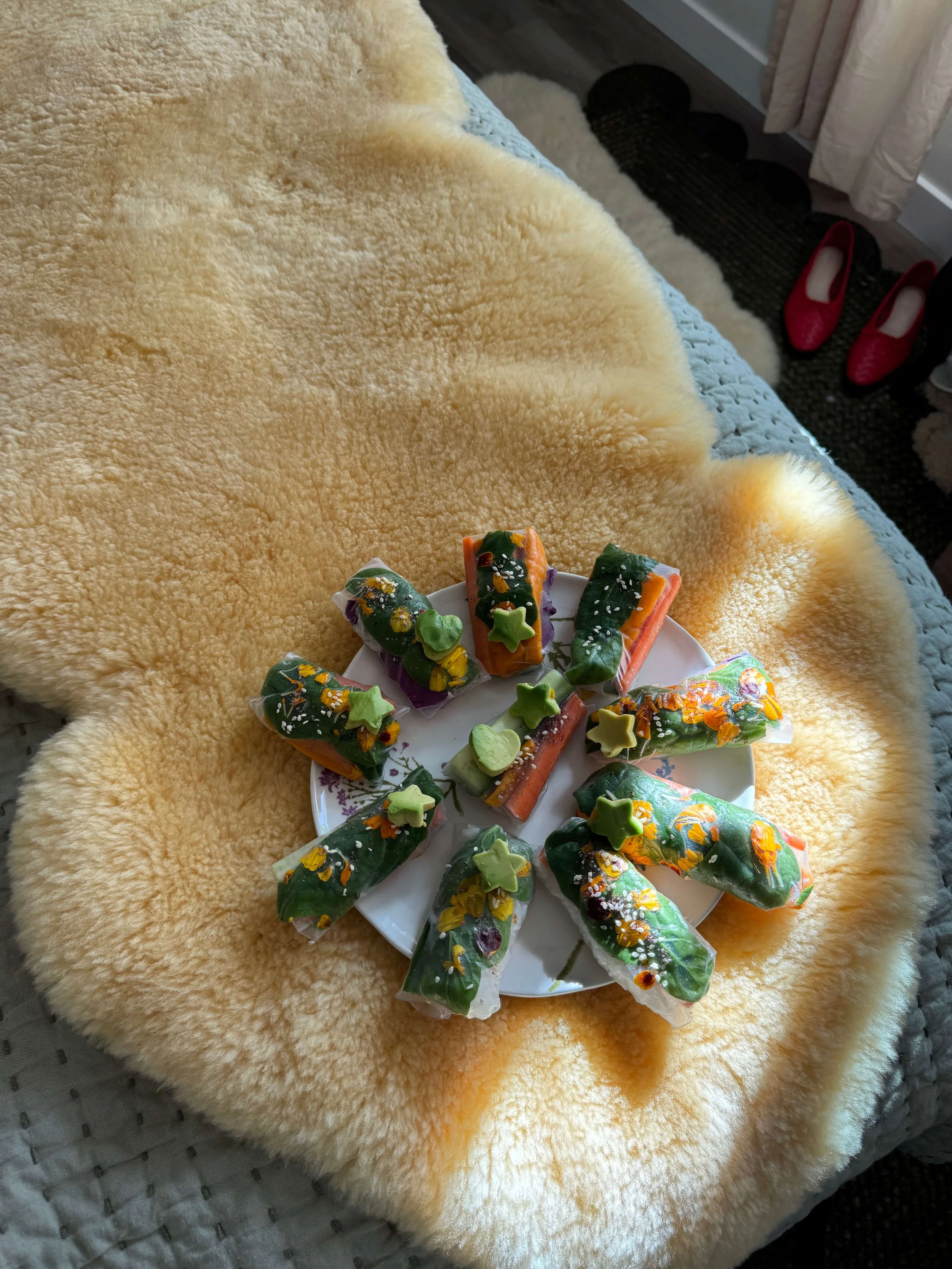 spring rolls on plate on bed on sheepskin colorful