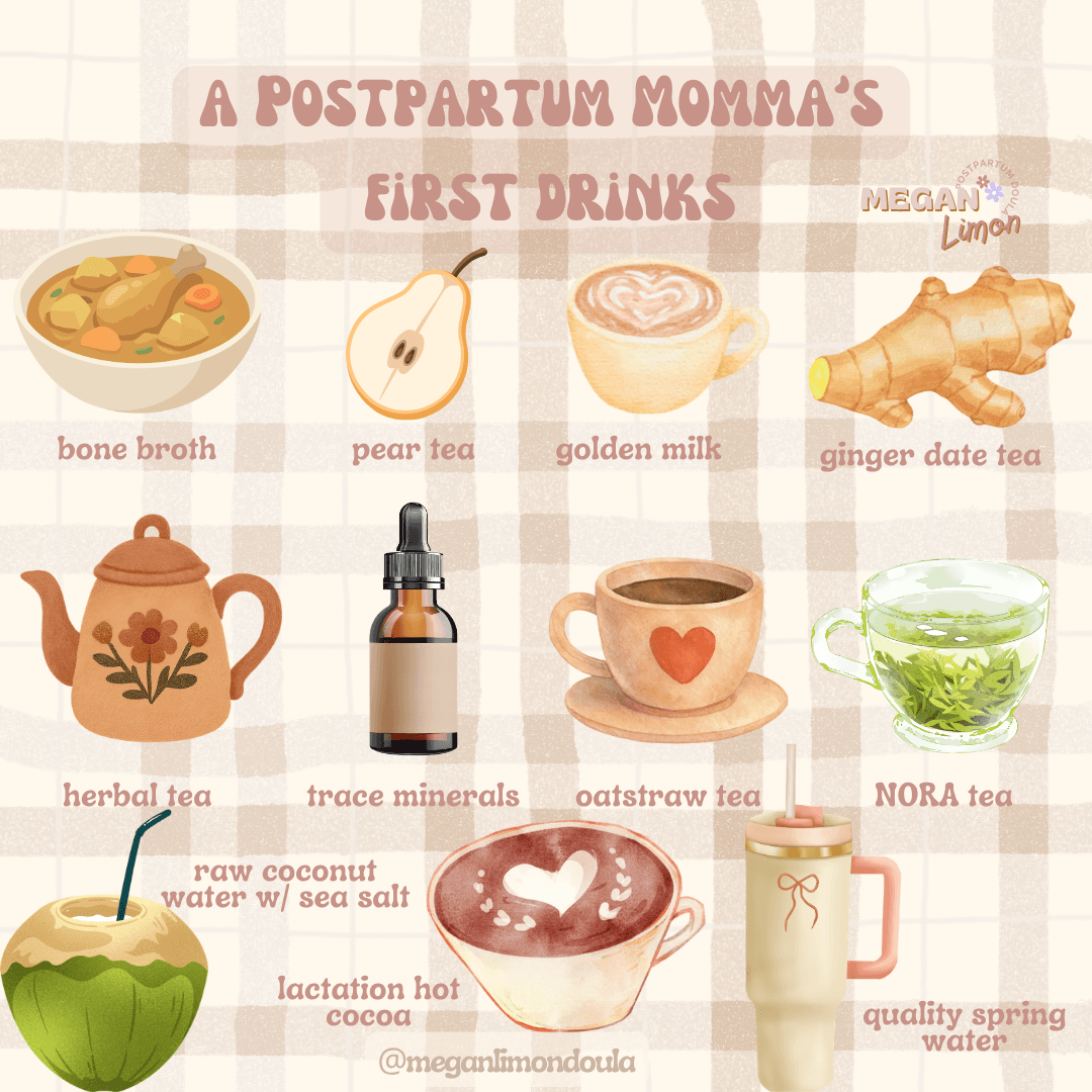 postpartum mommas first drinks pear tea bone broth golden milk ginger date tea herbal tea trace minerals