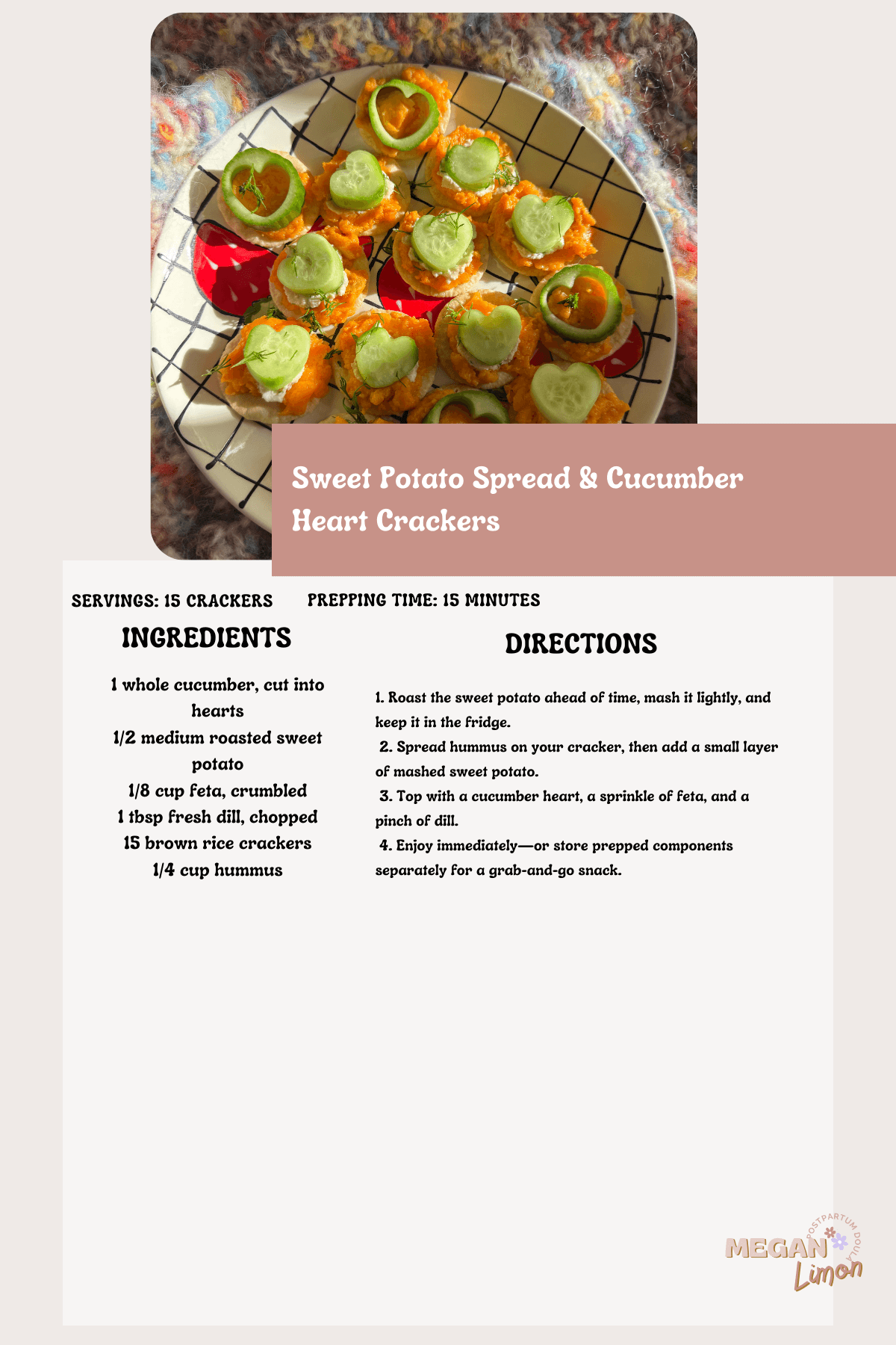 Sweet Potato Spread & Cucumber Heart Crackers recipe card