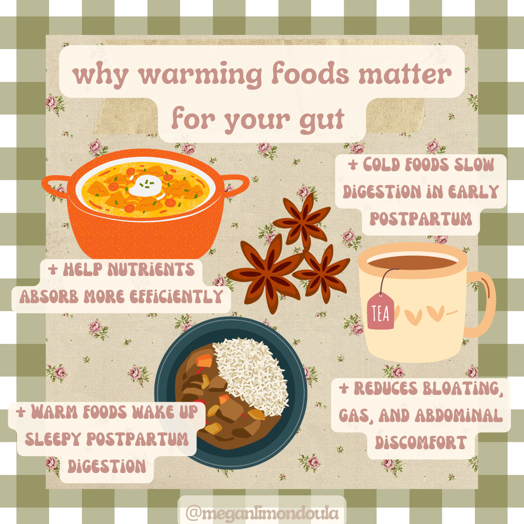 gut supportive postpartum foods for after birth recovery graphic with soup and muffins in the photo warming foos matter for your gut teacup pot soup bowl