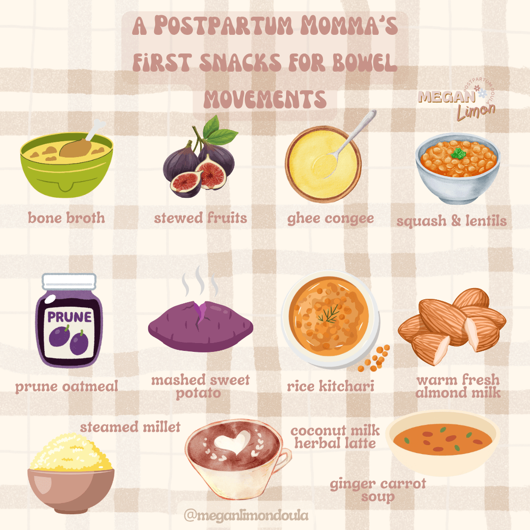 prune oatmeal mashed sweet potato foods postpartum bowel movements ghee congee squash lentils almond milk rice kitchari