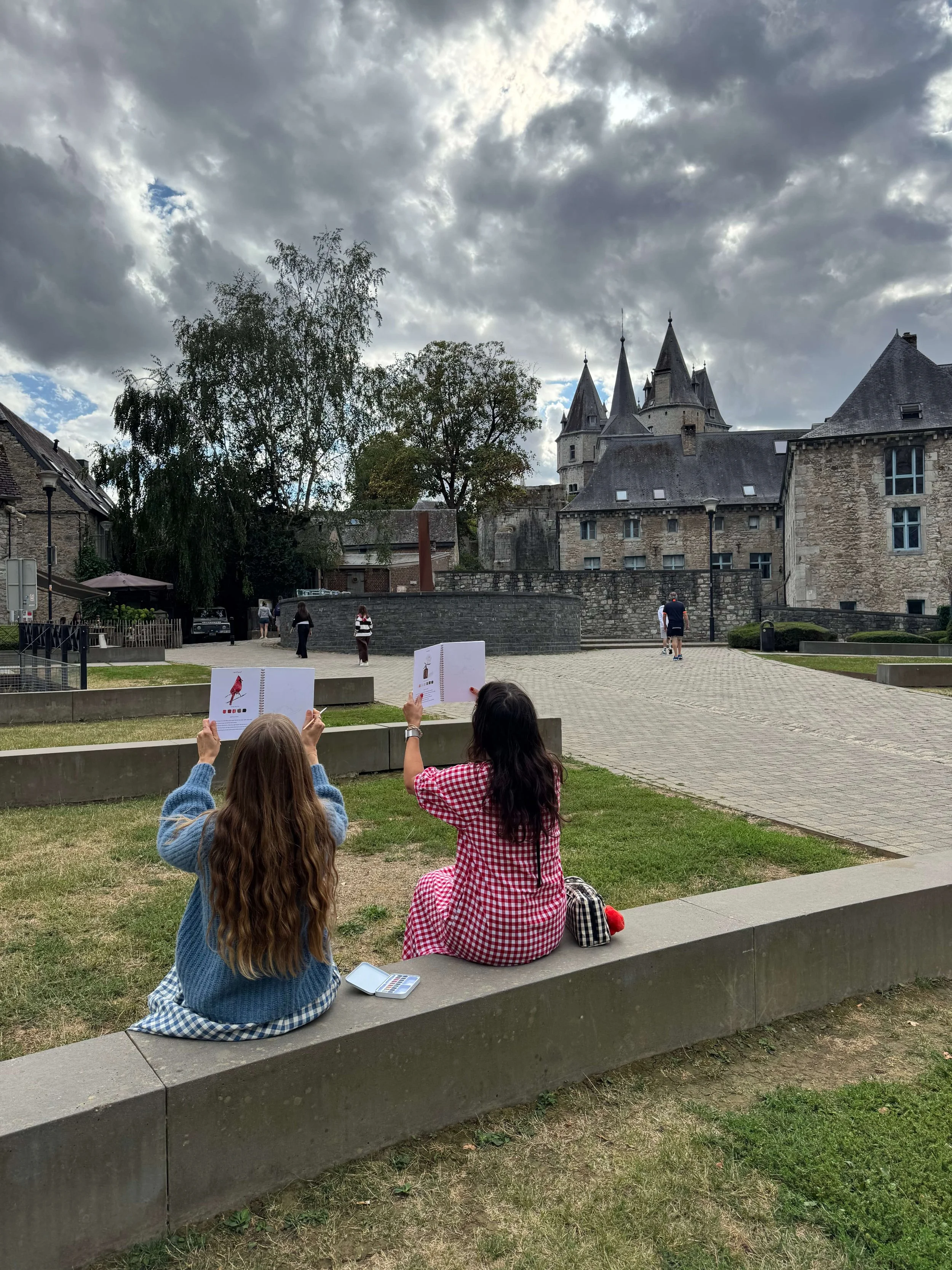 two girls in Belgium castles water coloring
