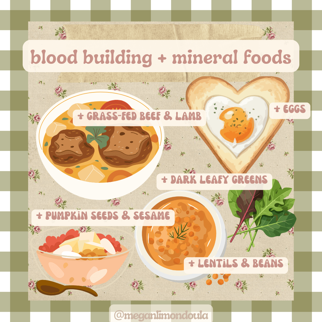 blood building mineral foods grass fed beef and lamb eggs dark leafy greens pumpkin seeds and sesame lentils and beans
