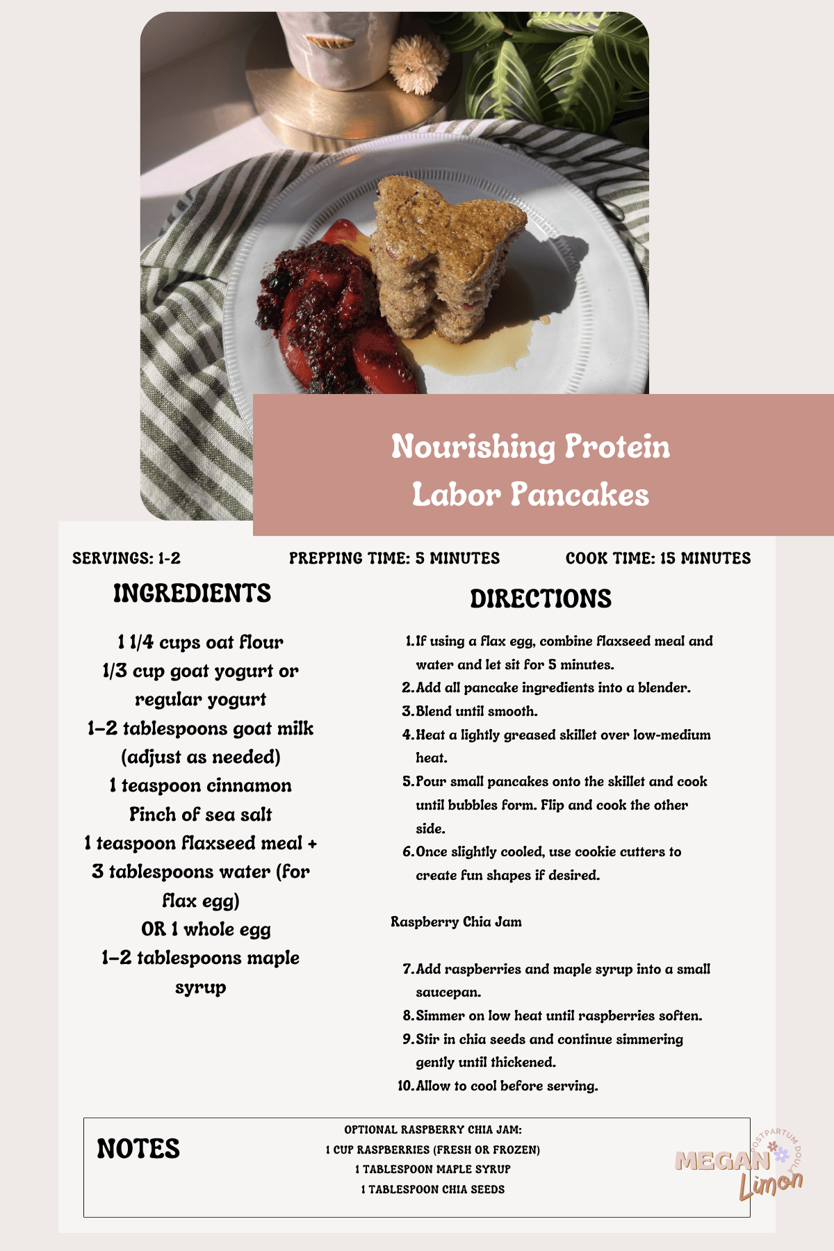 These Nourishing Protein Labor Pancakes are soft blender pancakes made with oat flour, yogurt, flax, maple syrup, and raspberry chia jam for labor prep and postpartum nourishment plate berries candle