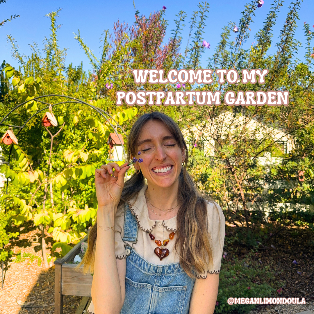 Megan limon postpartum doula in garden holding flowers smiling