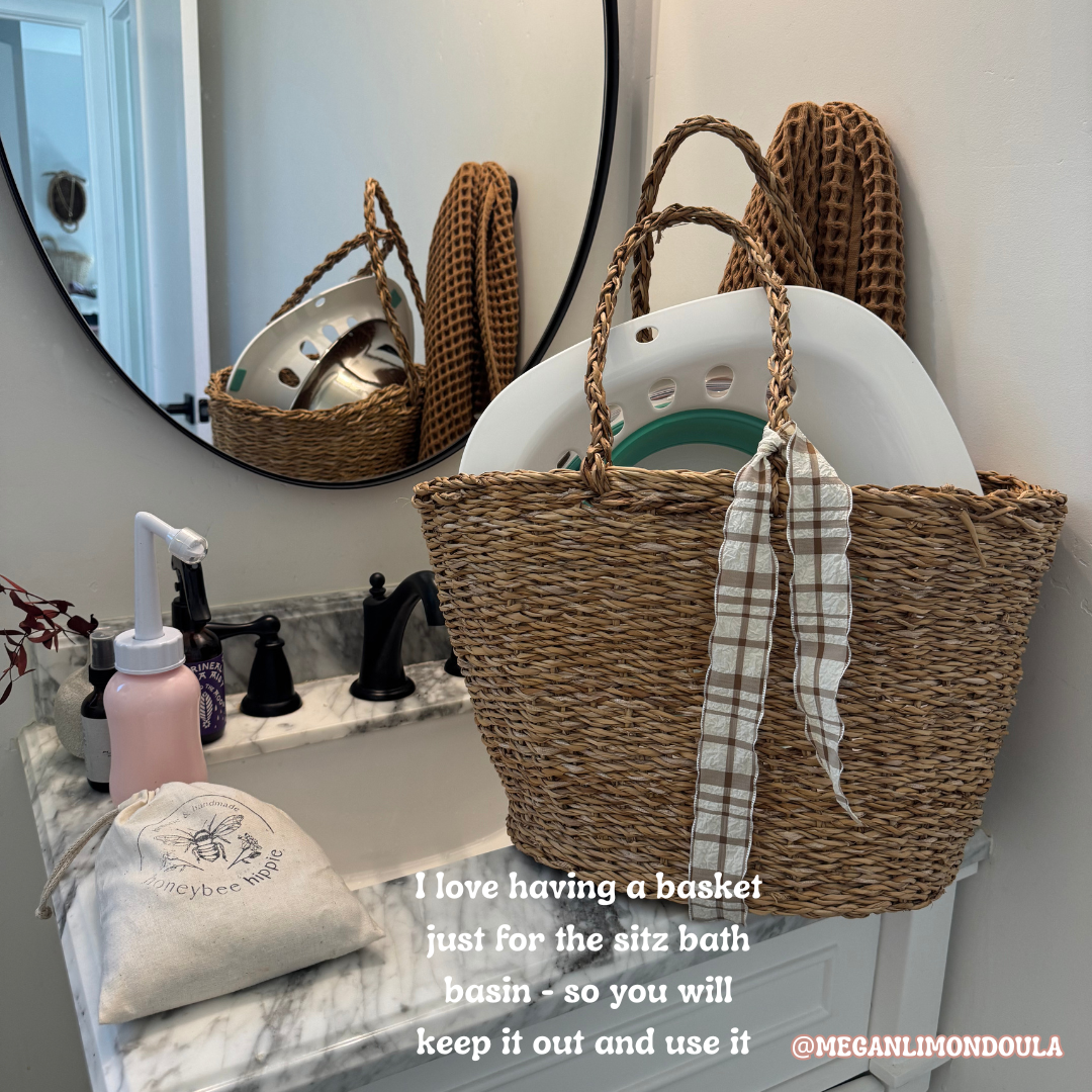 basket sitz bath basin peri bottle on bathroom counter