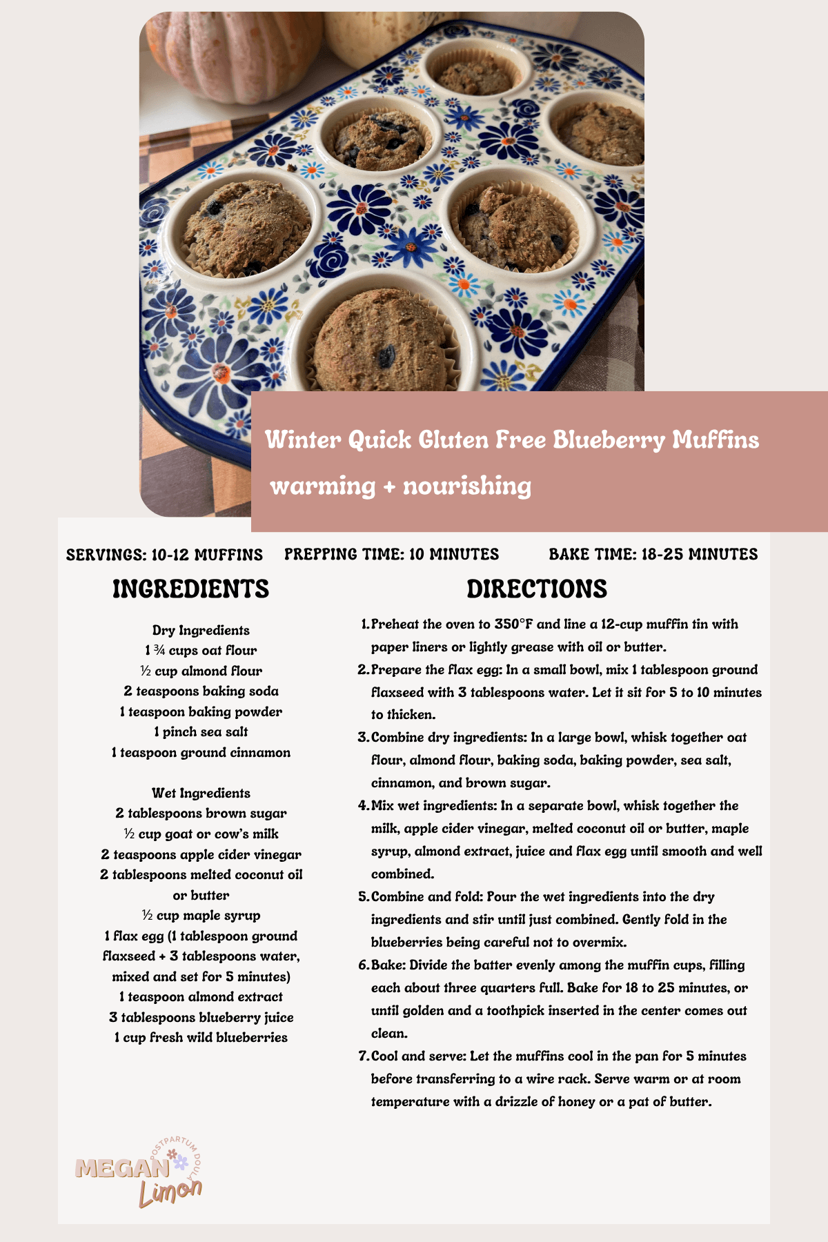 blueberry muffins in pan blue floral muffin pan on counter with pumpkins