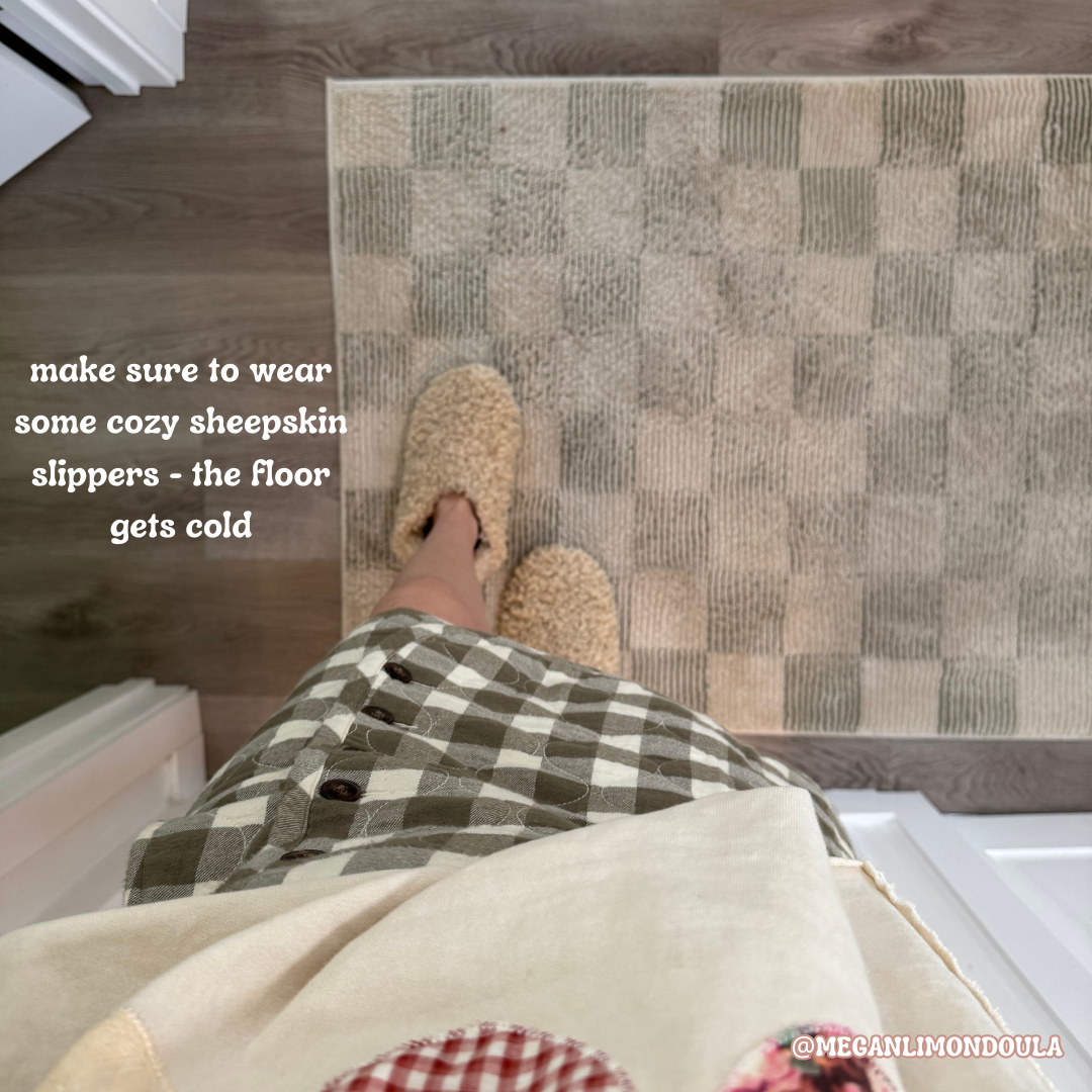 sheepskin slippers on feet in hallway cozy