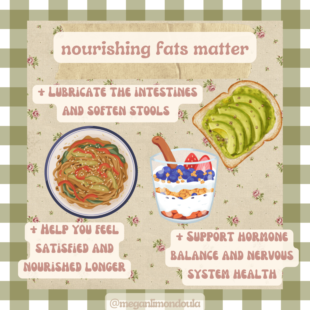 gut supportive postpartum foods for after birth recovery graphic with soup and muffins in the photo