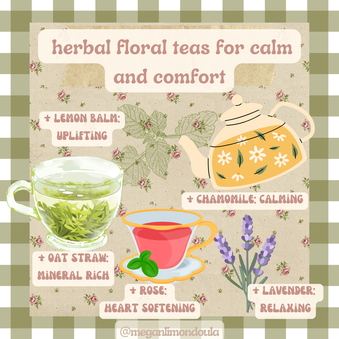 herbal floral teas for calm and comfort graphic chamomile oat straw lemon balm
