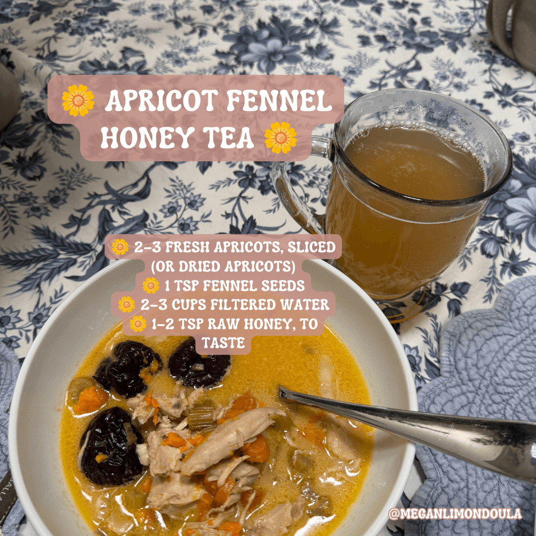 apricot fennel honey tea and soup on table cloth floral