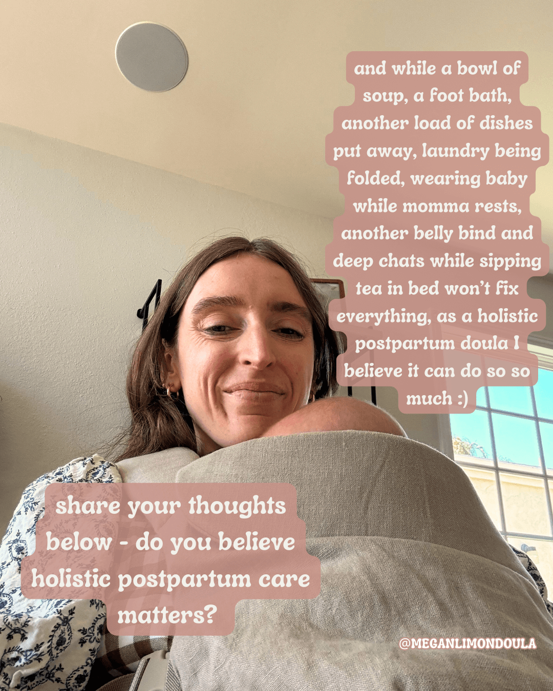 postpartum doula woman holding newborn baby in carrier with text on