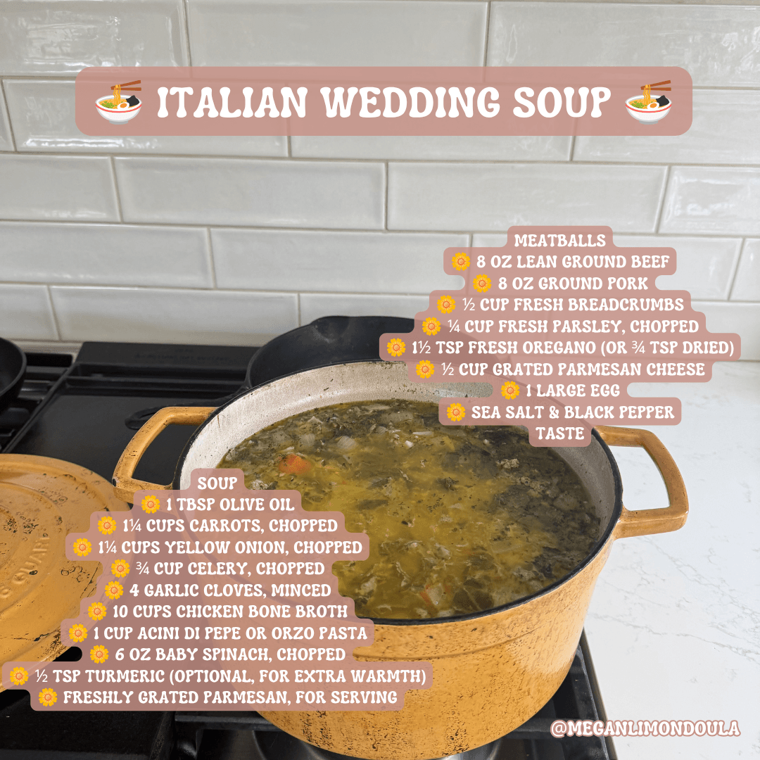 italian wedding soup for postpartum meatballs recipe card soup in pot